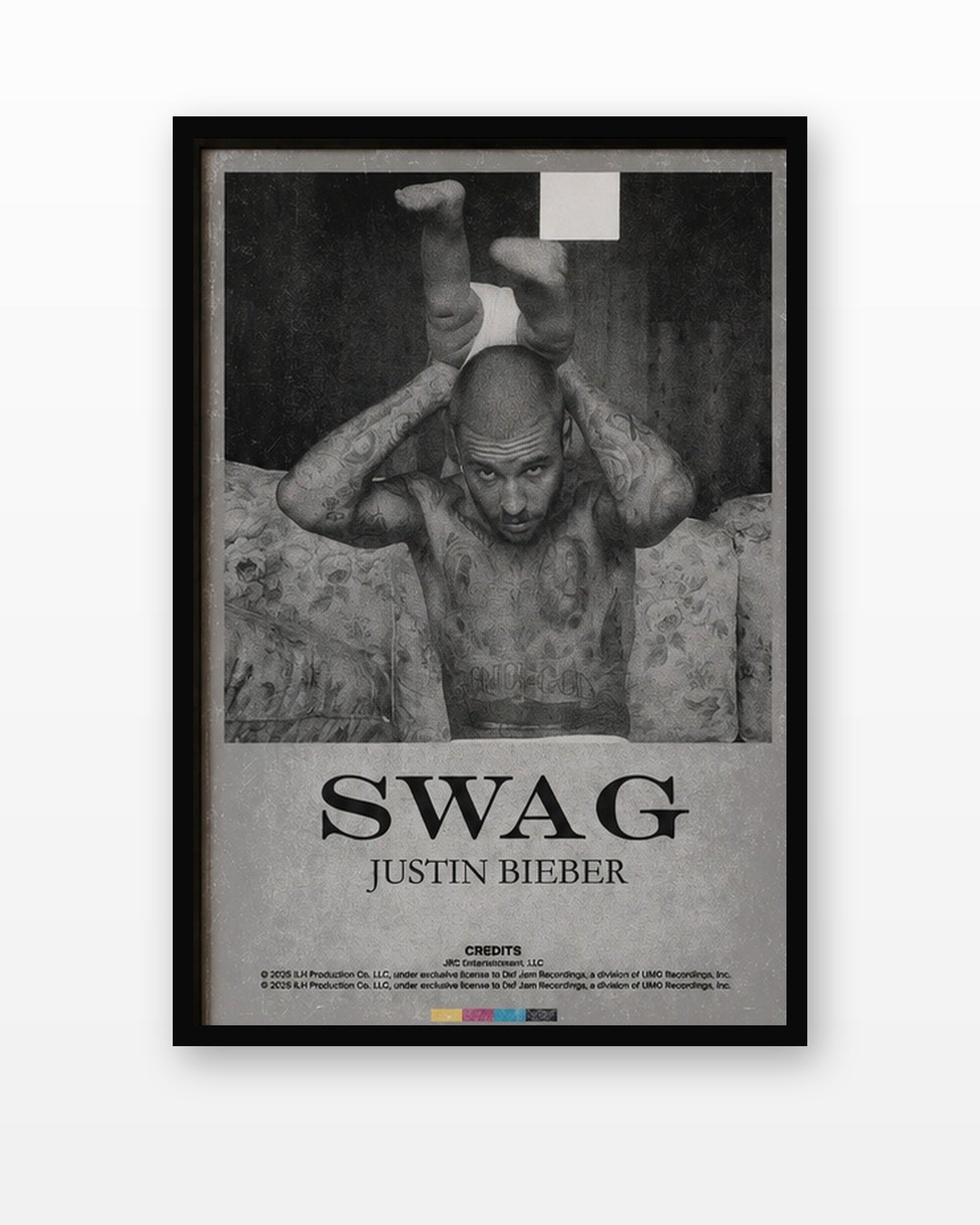 Justin Bieber SWAG Vintage Poster in a black frame on a white wall