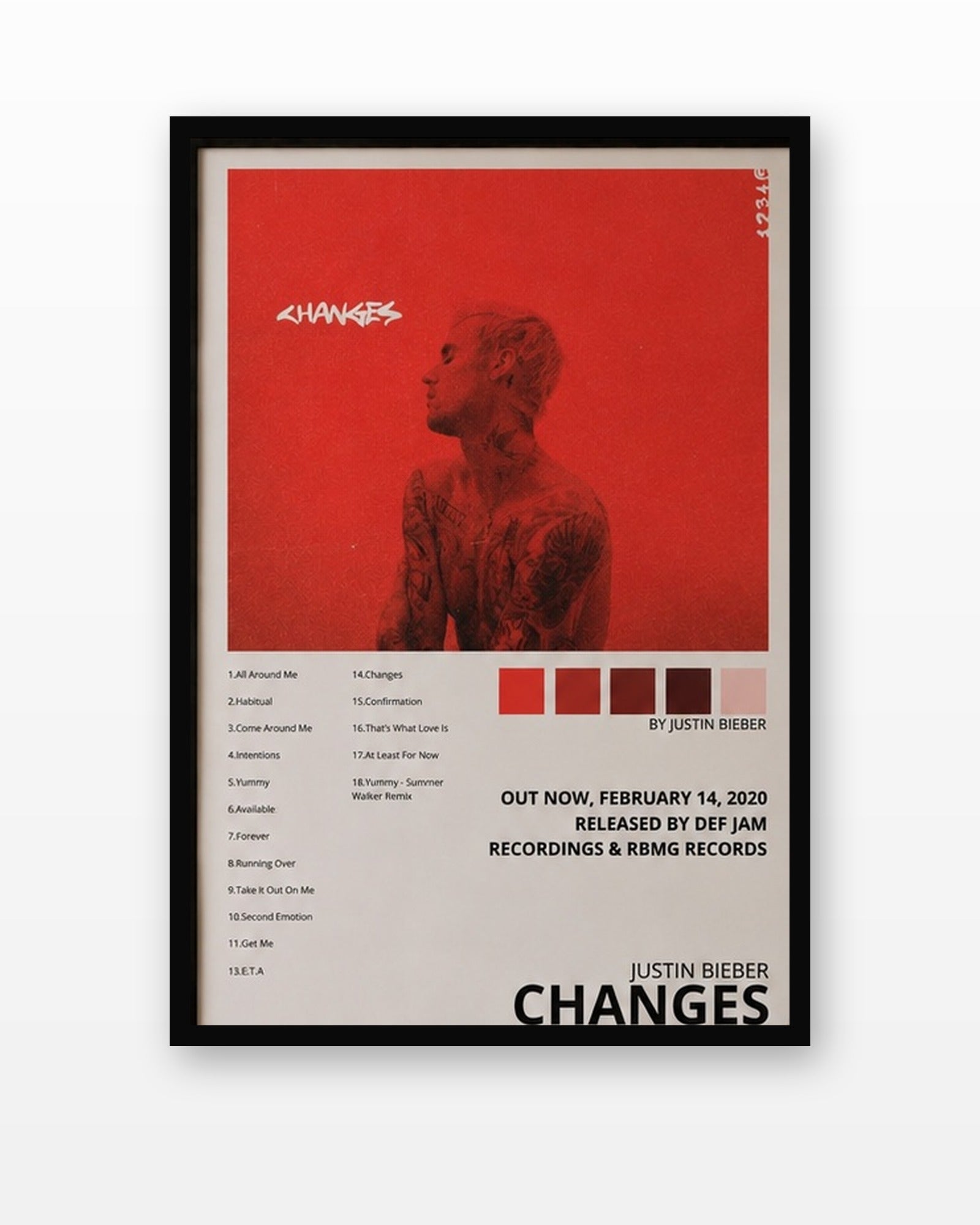 Justin Bieber Changes Album Poster in a black frame on a white wall