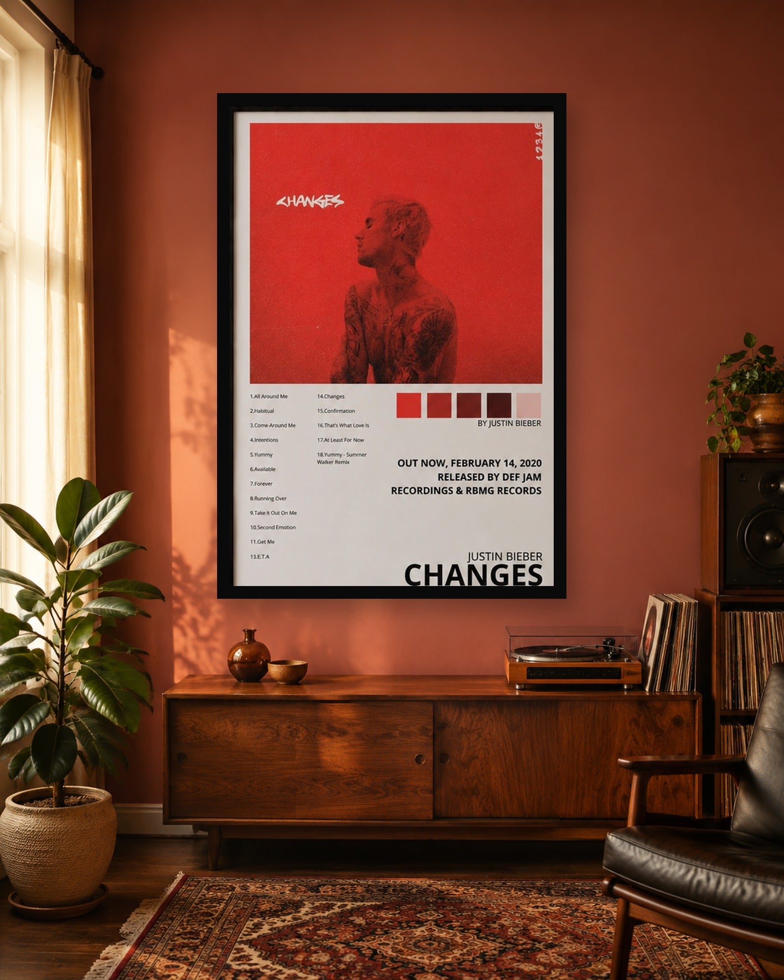 Justin Bieber Changes Album Poster in a color-matched room scene