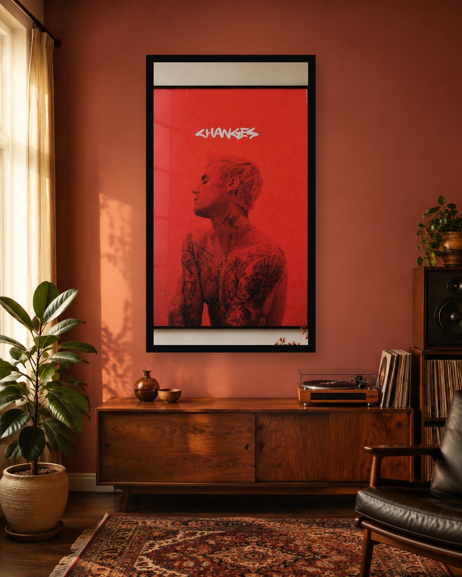 Justin Bieber Changes Red Album Poster in a color-matched room scene