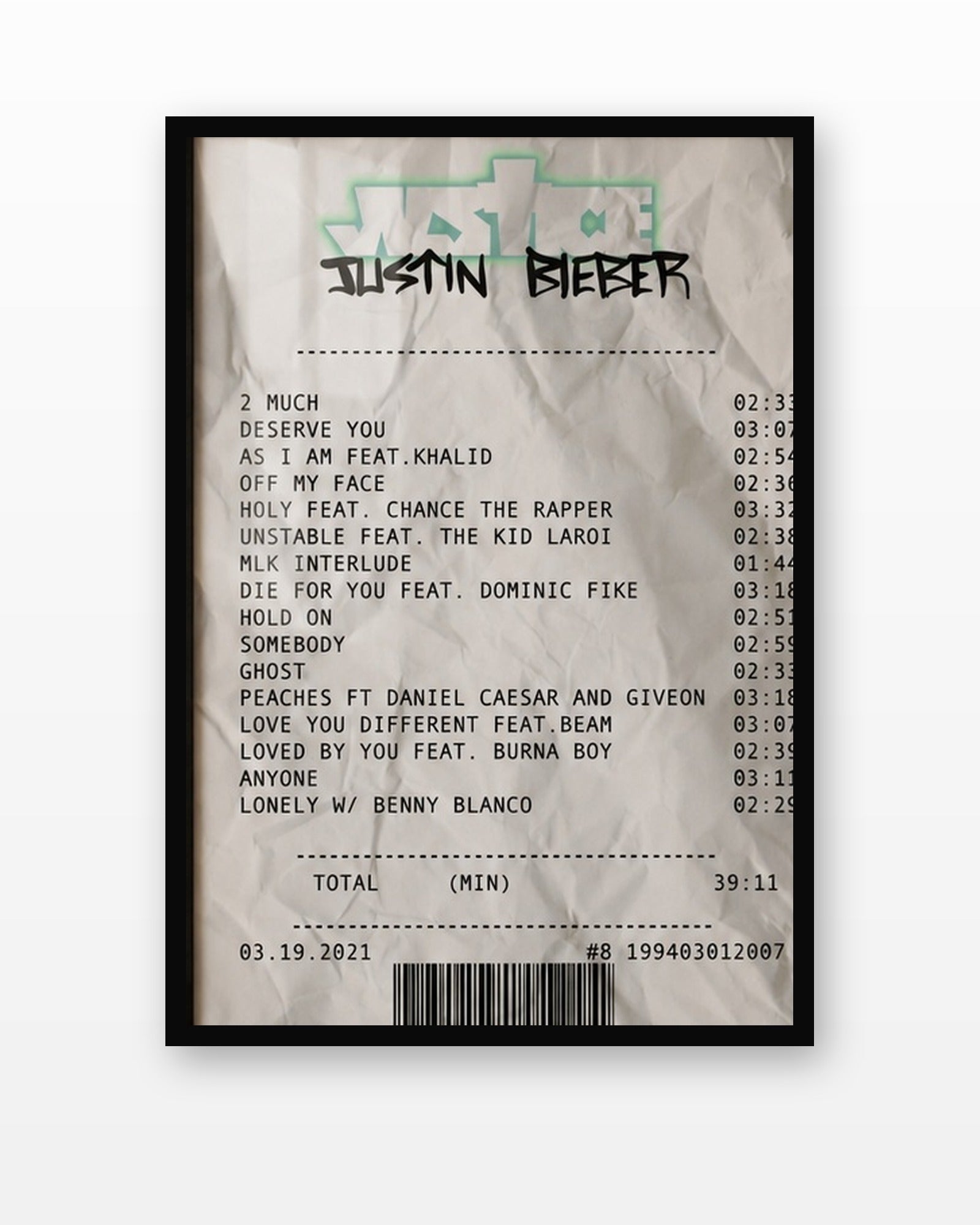 Justin Bieber Justice Receipt Style Poster in a black frame on a white wall