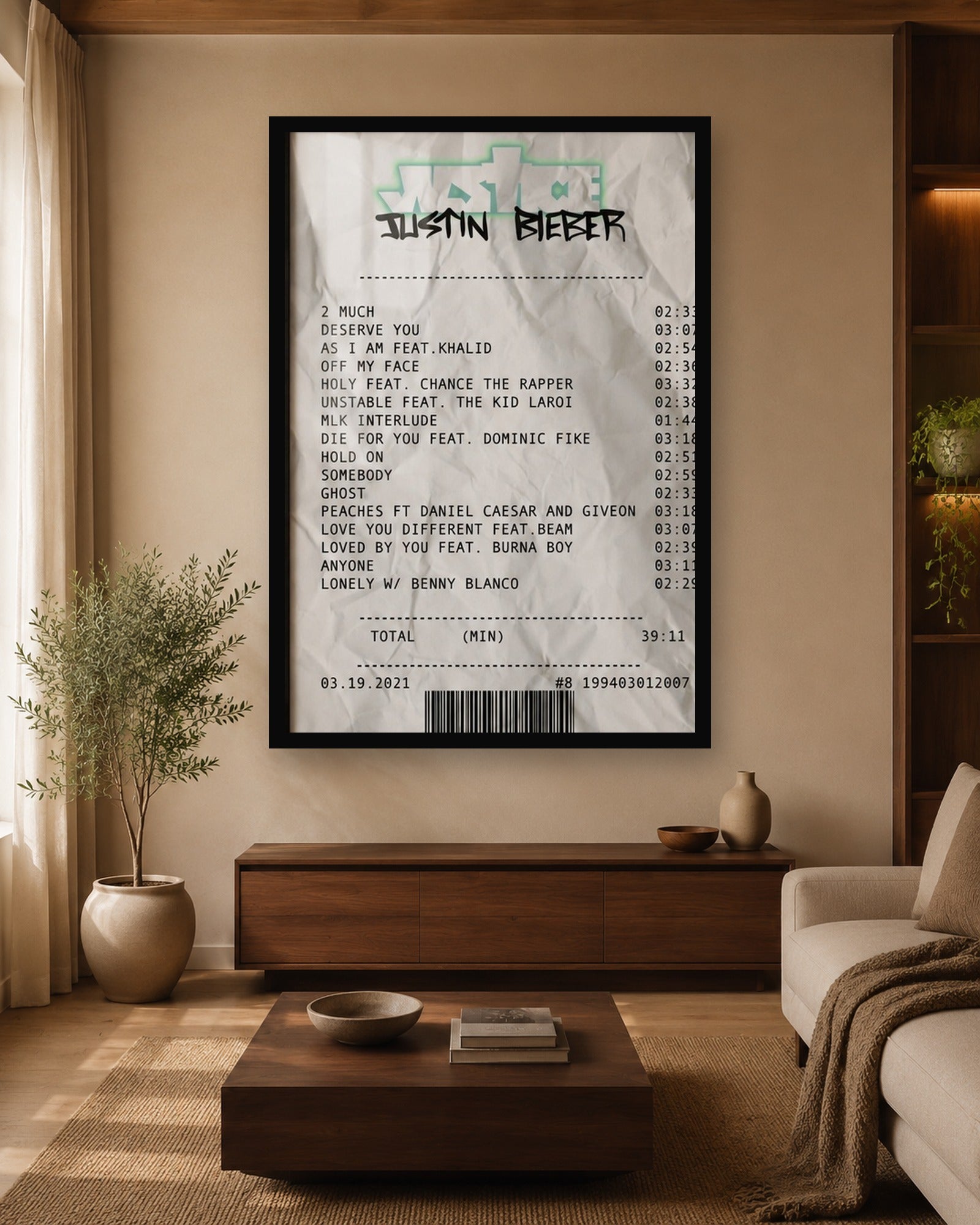 Justin Bieber Justice Receipt Style Poster in a color-matched room scene
