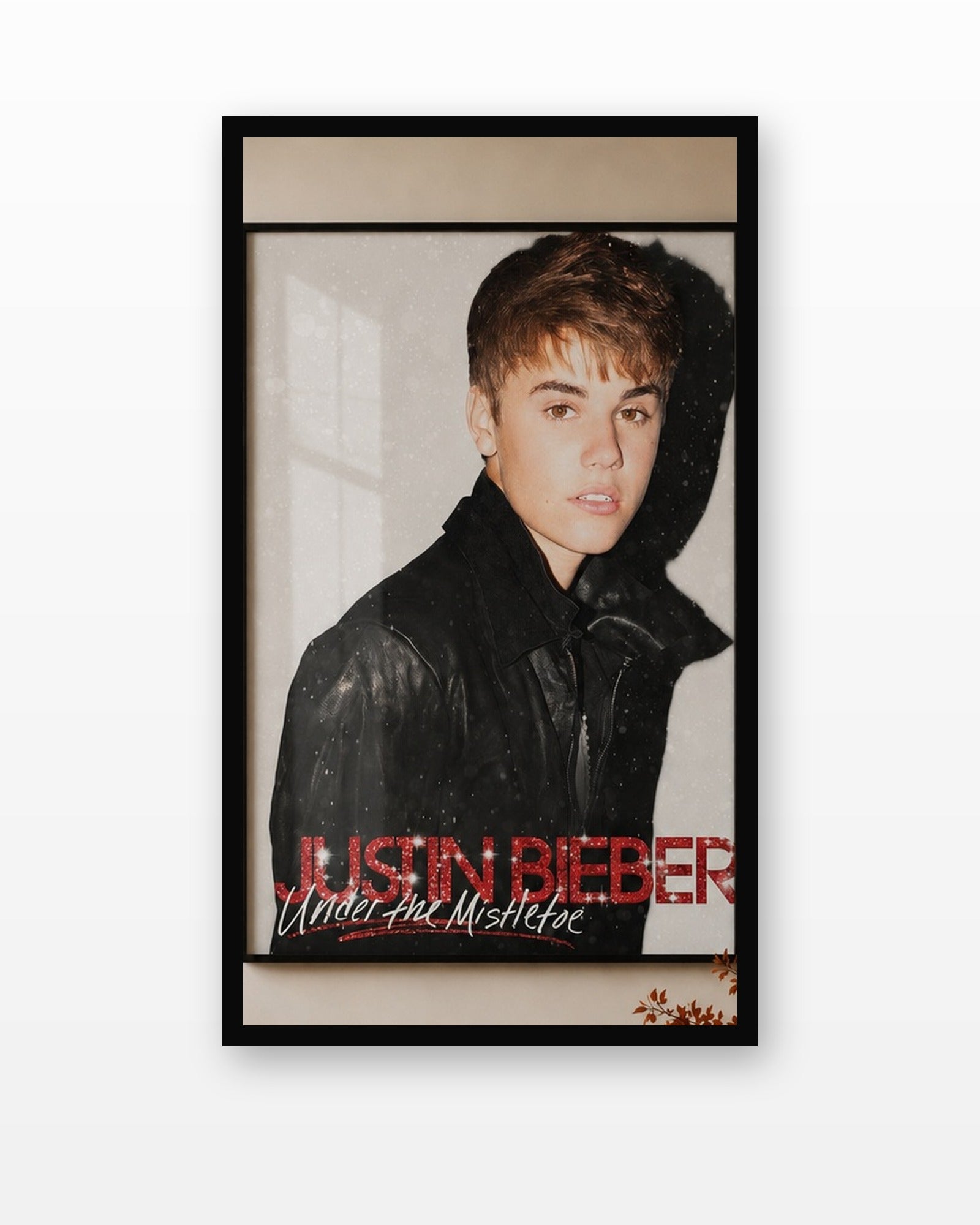 Justin Bieber Debut Era Poster in a black frame on a white wall