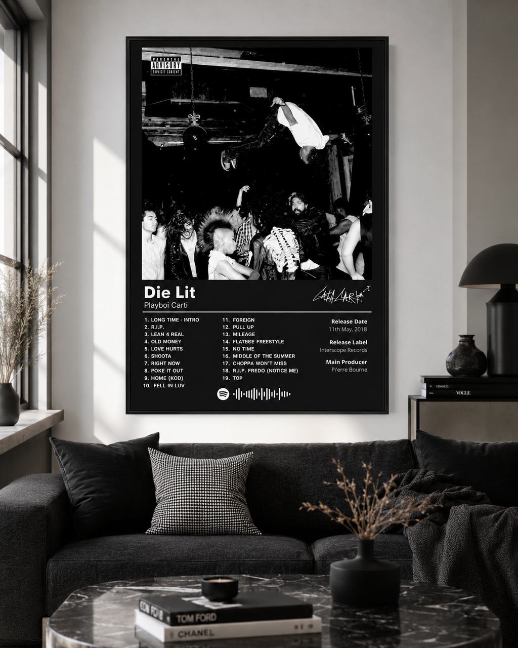 Playboi Carti Die Lit Black Tracklist  | Unframed Bedroom Wall Art album cover poster print wall art decor