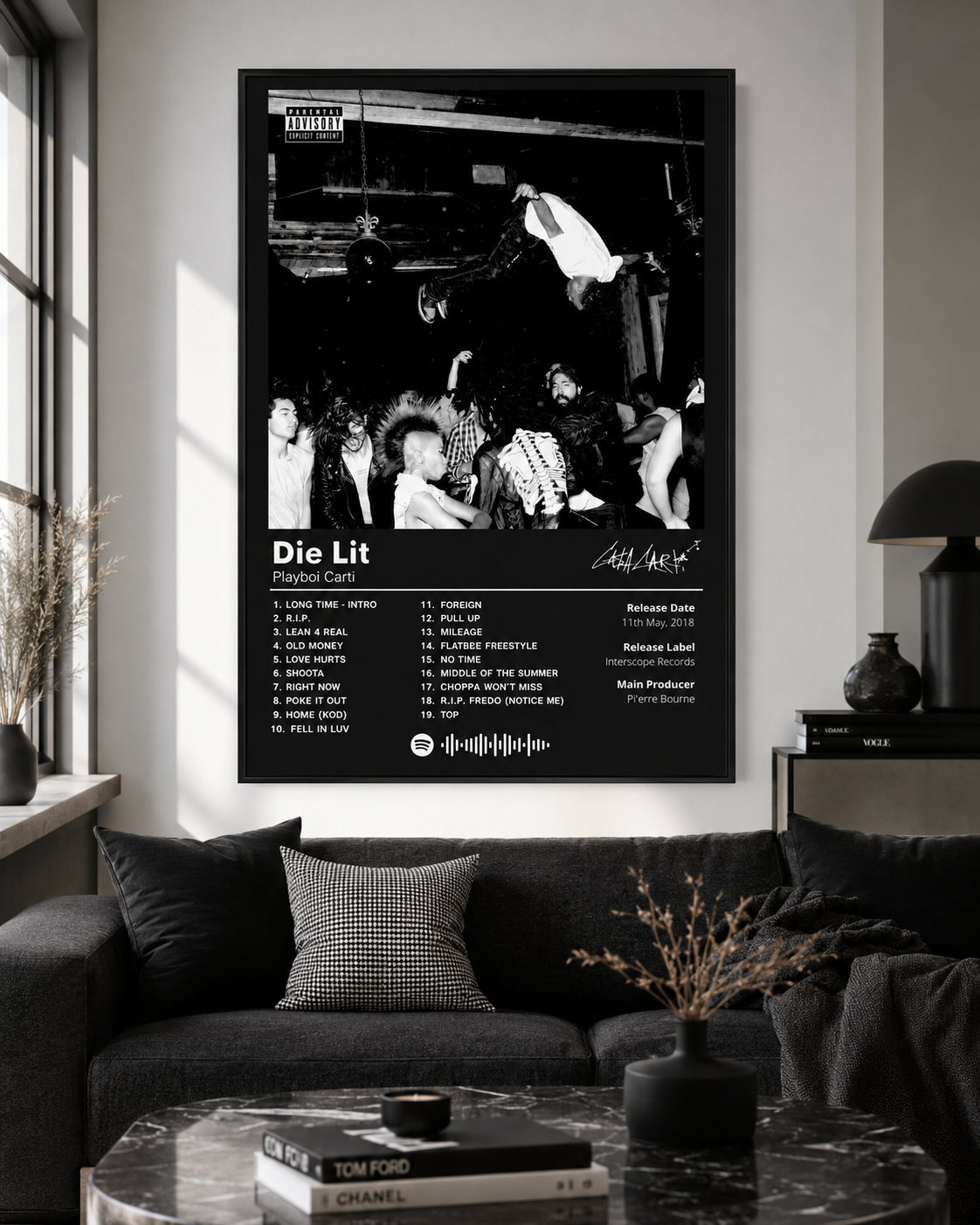 Playboi Carti Die Lit Black Tracklist | Unframed Bedroom album cover poster print wall art decor