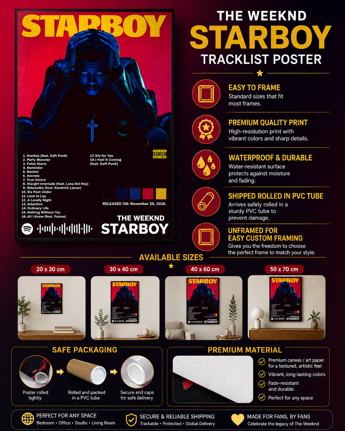 The Weeknd Starboy Tracklist  - Premium Canvas , Music  Decor album cover poster print wall art decor