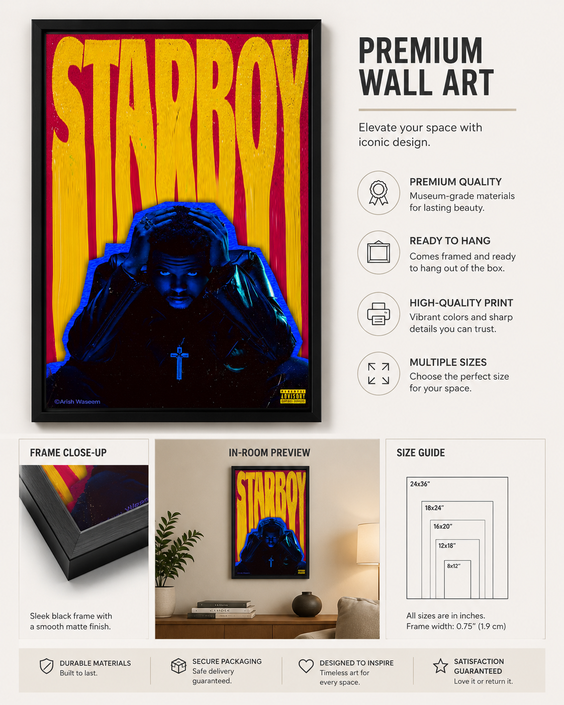 The Weeknd Starboy  - Premium Canvas , Music  Decor album cover poster print wall art decor