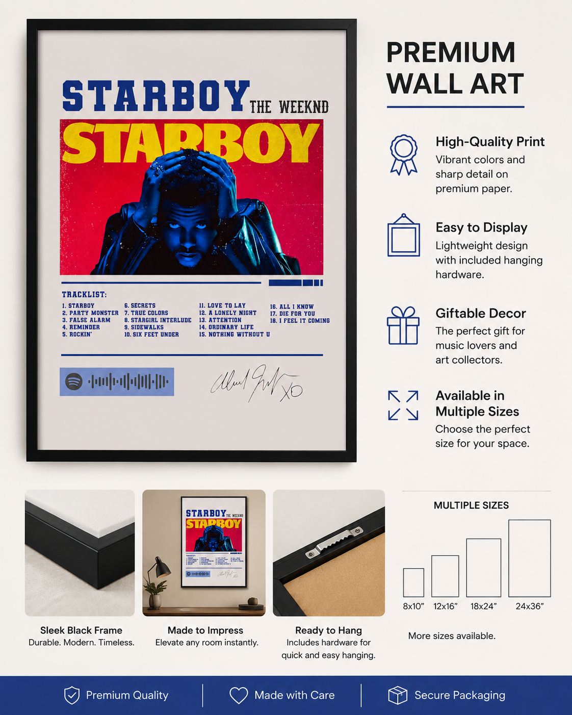 The Weeknd Starboy  - Premium Canvas , Music  Decor album cover poster print wall art decor