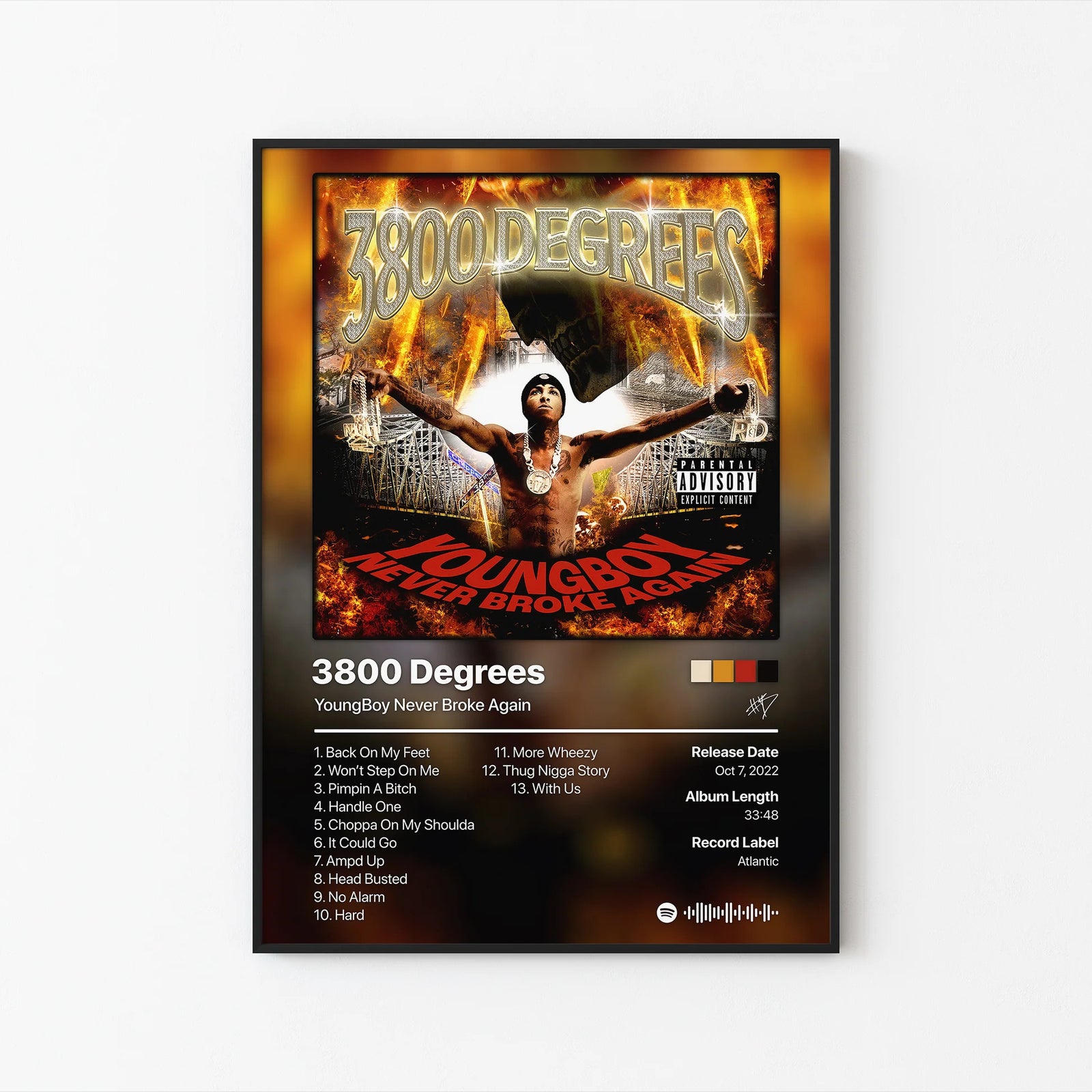YoungBoy Never Broke Again 3800 Degrees Tracklist | Unframed Bedroom album cover poster print wall art decor