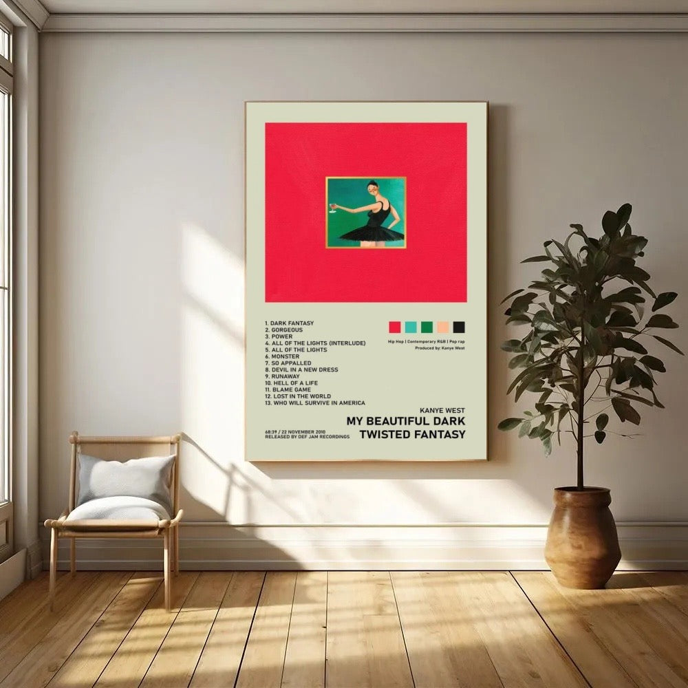 Kanye West My Beautiful Dark Twisted Fantasy Tracklist Wall Art album cover poster print wall art decor