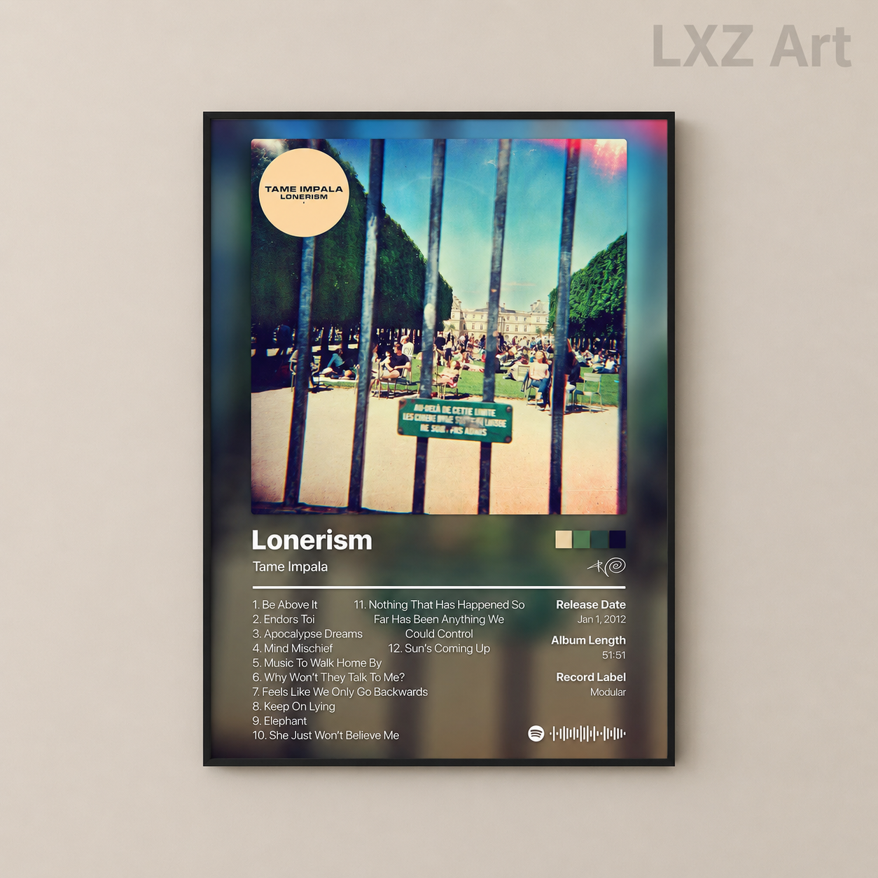 Tame Impala Lonerism Tracklist Poster | Unframed Bedroom Wall Art