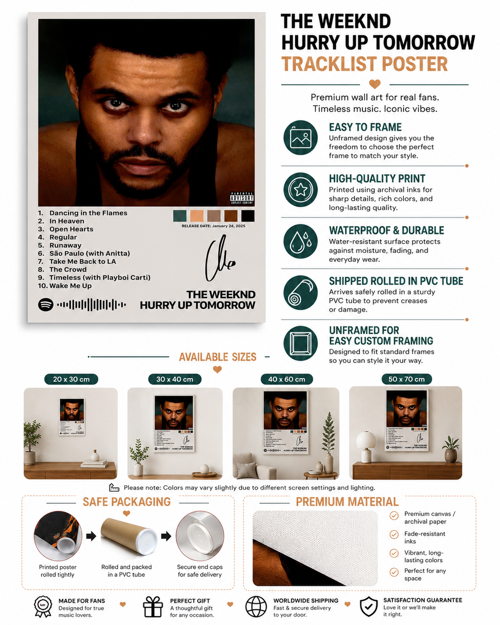 The Weeknd After Hours Tracklist Wall Art Print - Premium Canvas , Music  Decor album cover poster print wall art decor