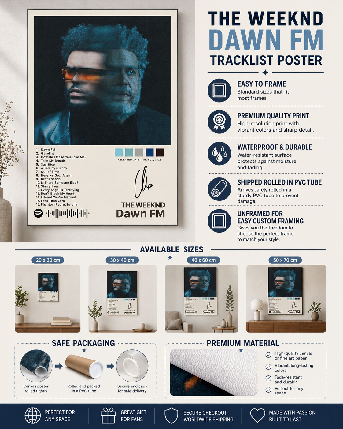 The Weeknd Dawn FM Tracklist  - Premium Canvas , Music  Decor album cover poster print wall art decor
