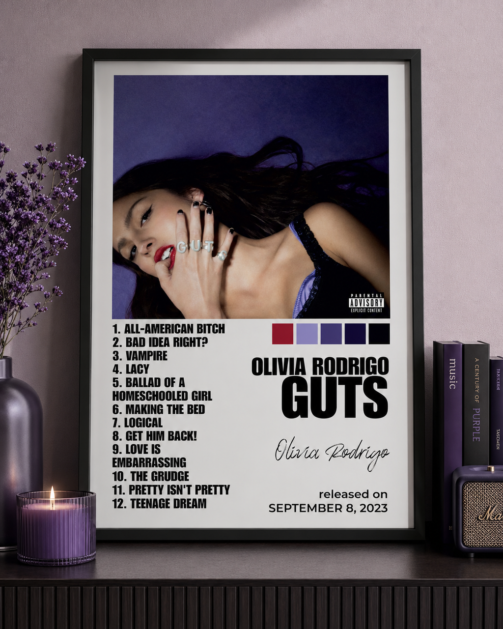 Olivia Rodrigo GUTS Tracklist  | Unframed Bedroom Wall Art album cover poster print wall art decor