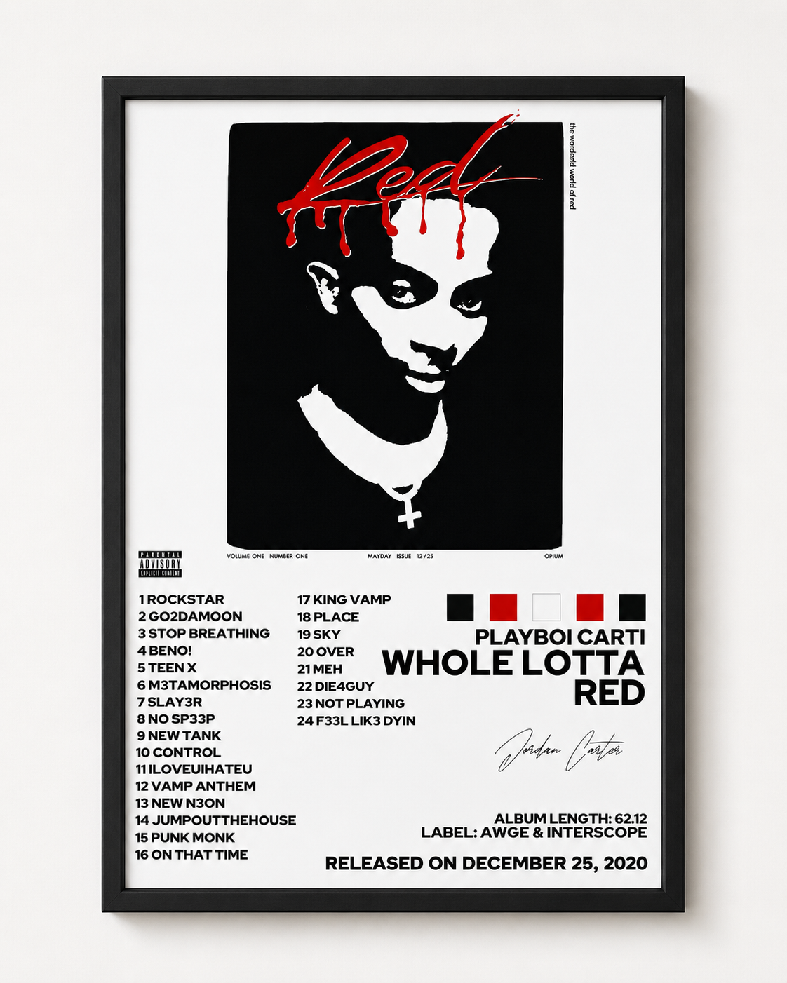 Playboi Carti Whole Lotta Red Tracklist | Unframed Bedroom album cover poster print wall art decor