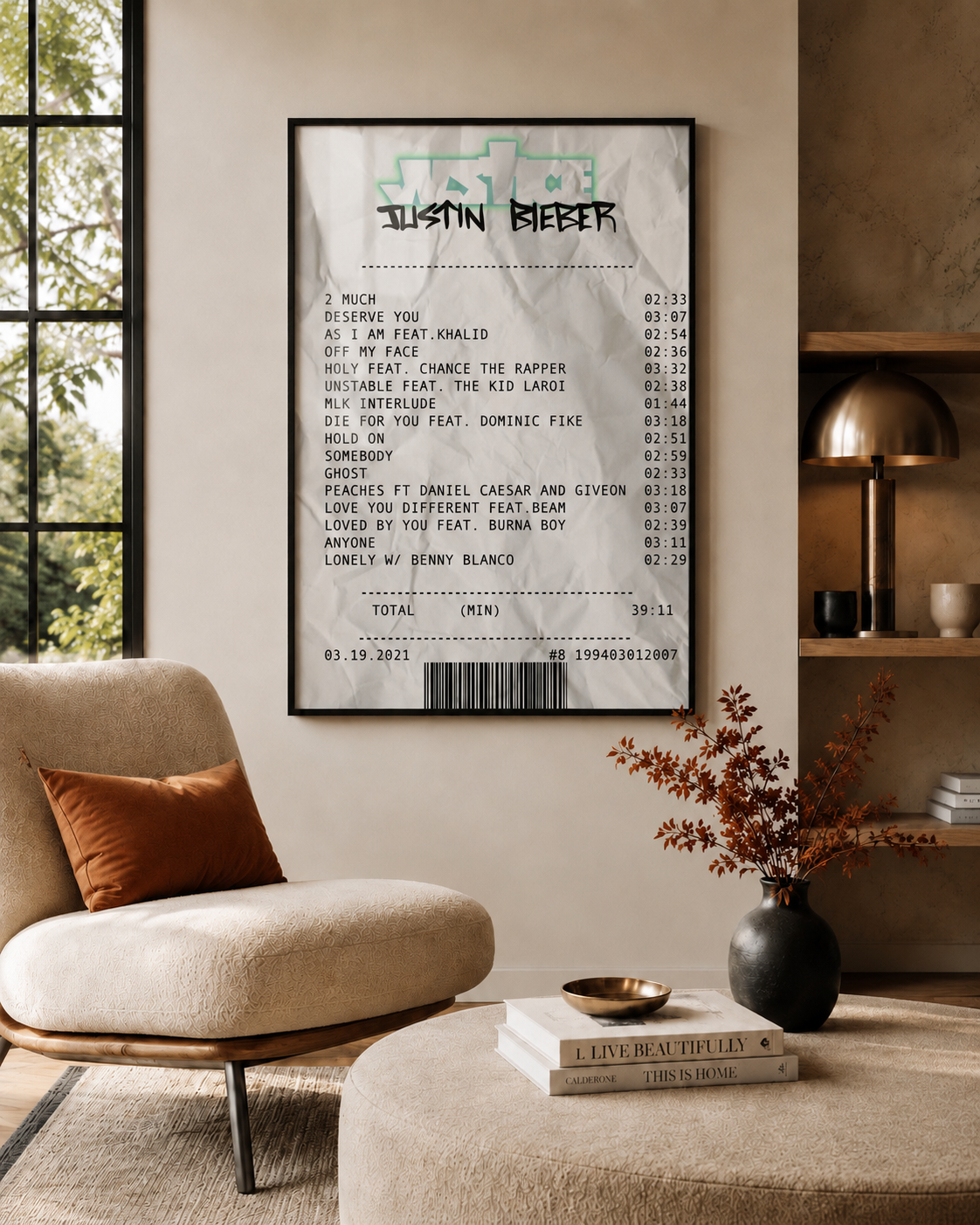Justin Bieber Justice Receipt Style  | Waterproof Non-Woven Fabric album cover poster print wall art decor