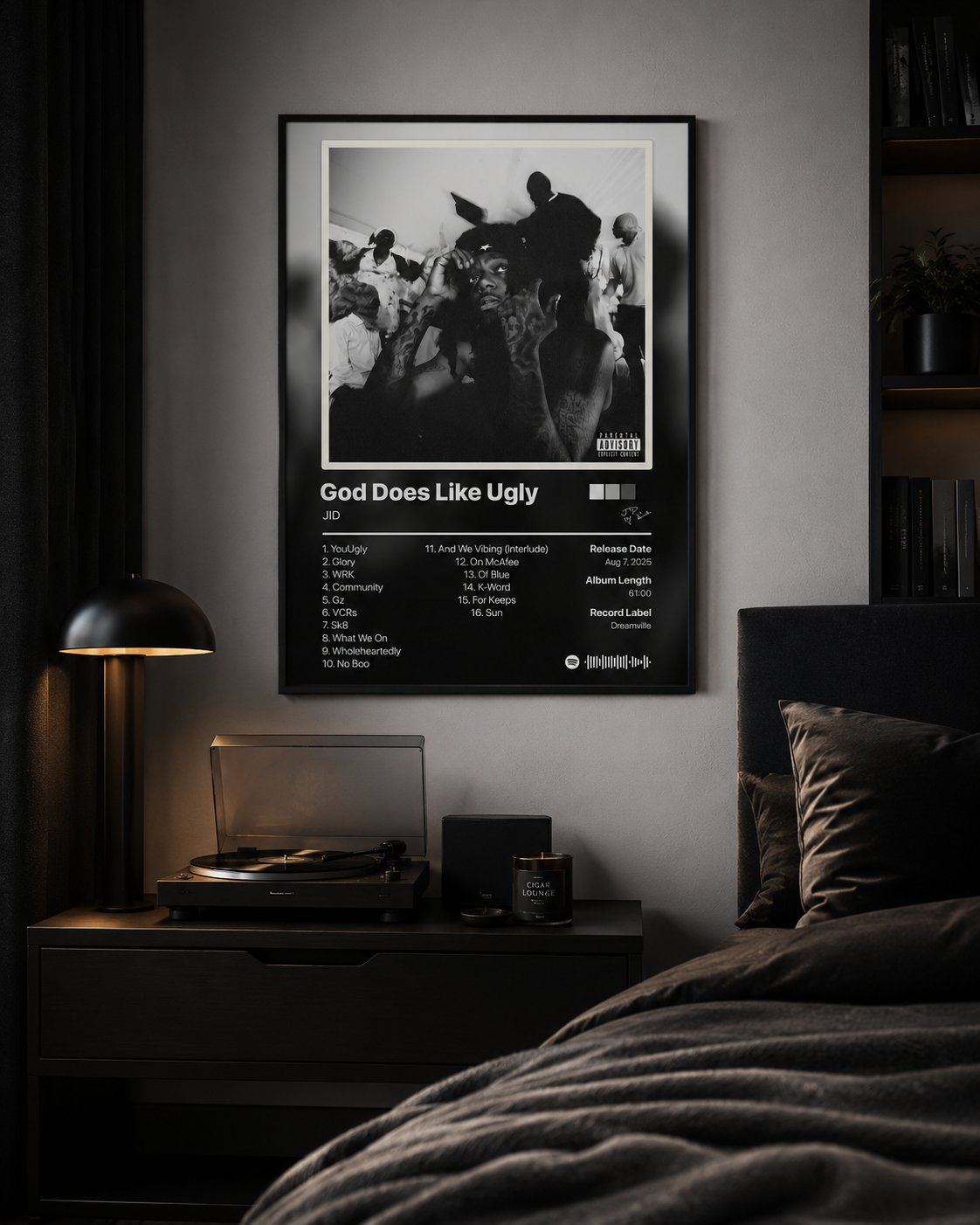 JID God Does Like Ugly Black & White Tracklist Poster | Unframed Bedroom Wall Art