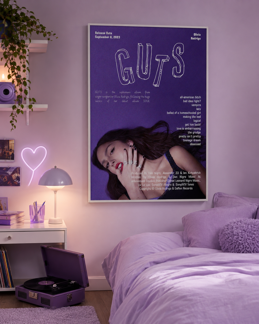 Olivia Rodrigo GUTS Tracklist  | Unframed Bedroom Wall Art album cover poster print wall art decor