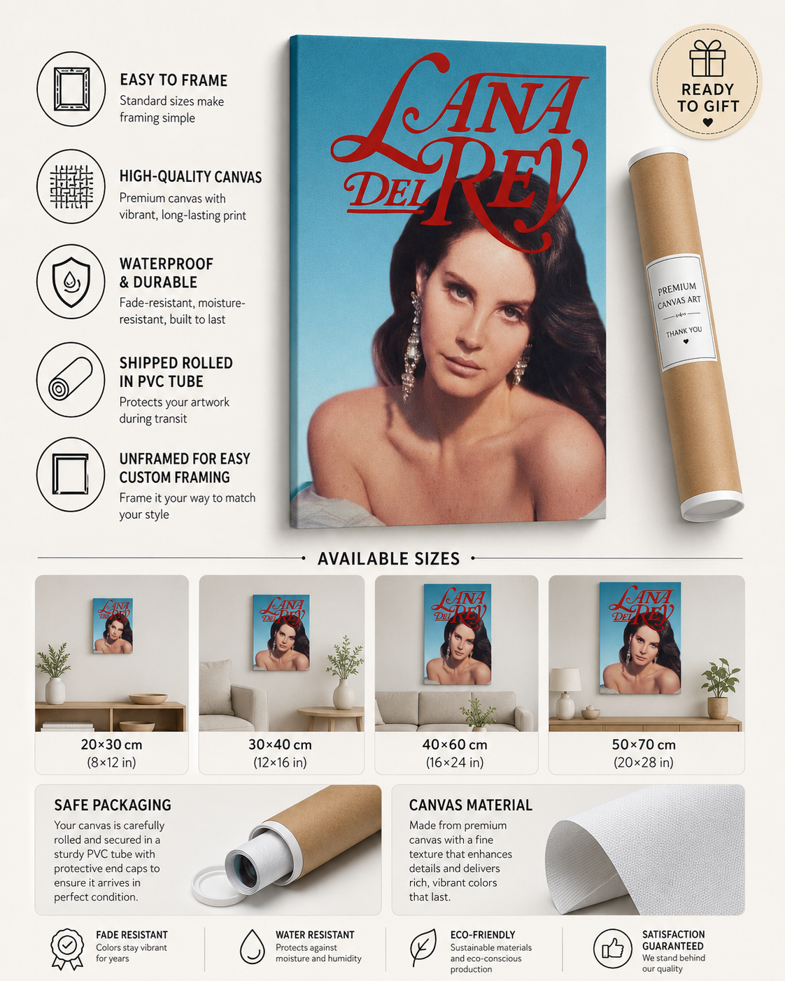 Lana Del Rey Teal Cursive  | Glam Vintage Canvas  for Aesthetic Bedroom Decor album cover poster print wall art decor
