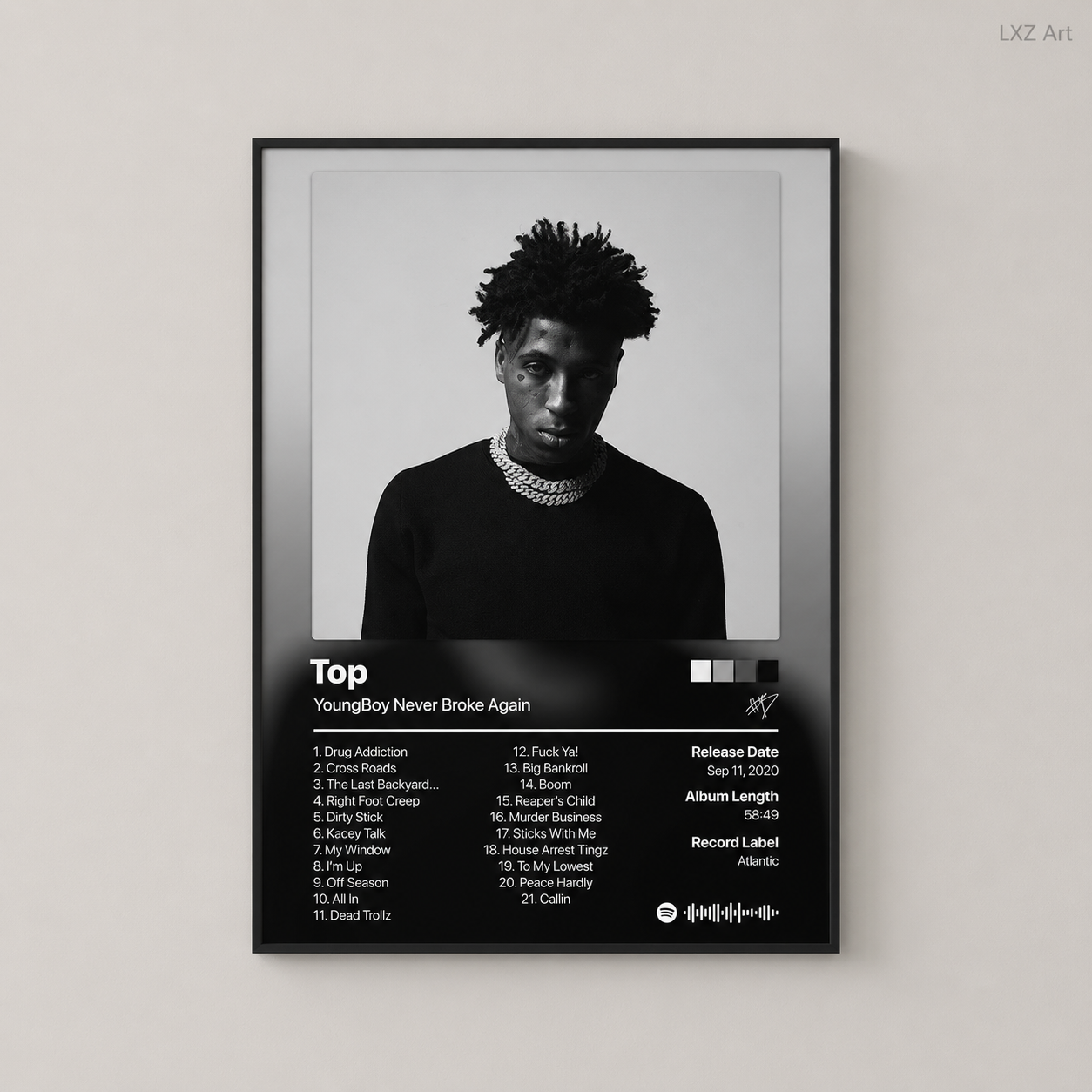 YoungBoy Never Broke Again Top Tracklist Poster | Unframed Bedroom Wall Art