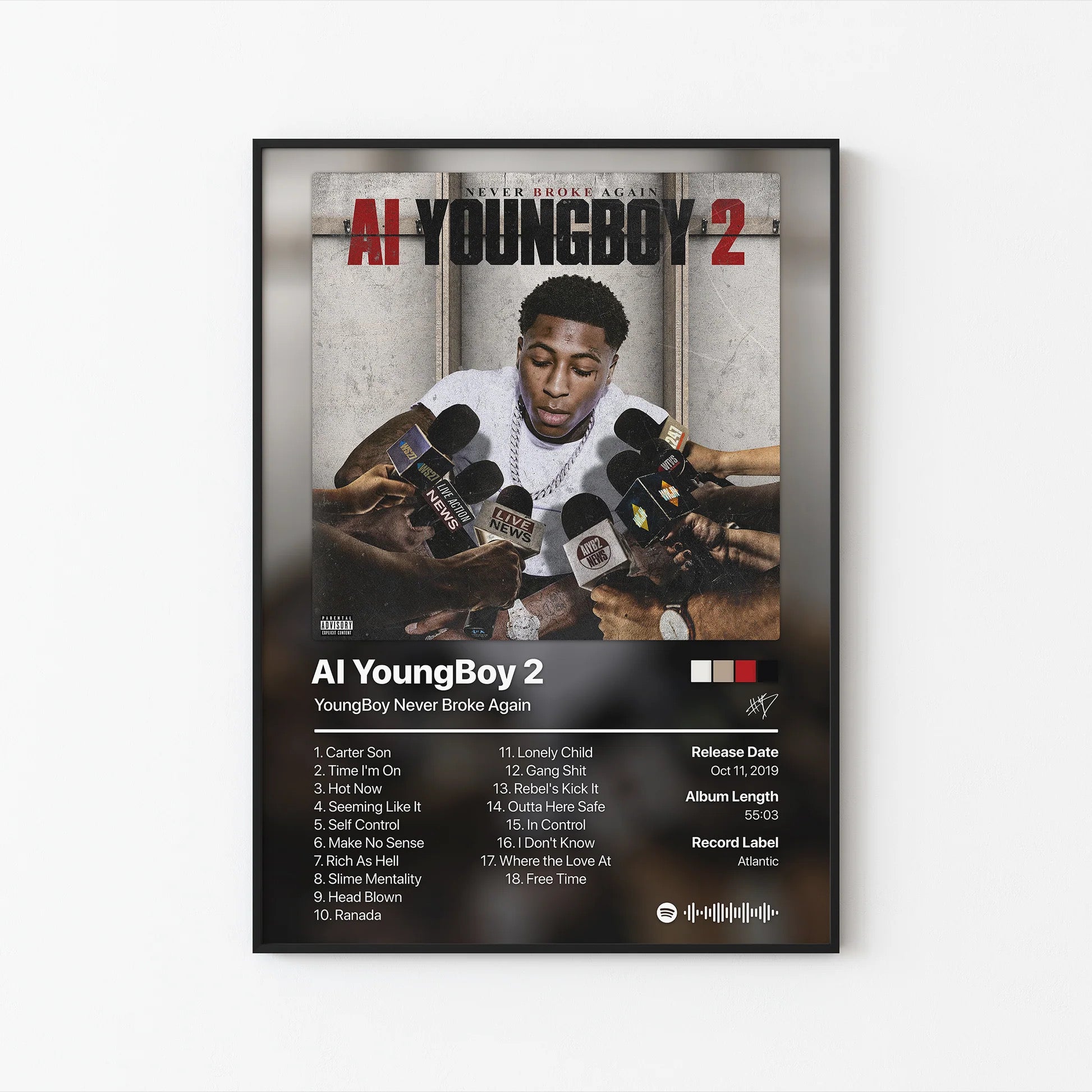 YoungBoy Never Broke Again AI YoungBoy 2 트랙리스트 포스터 | 프레임 없는 침실 벽 장식