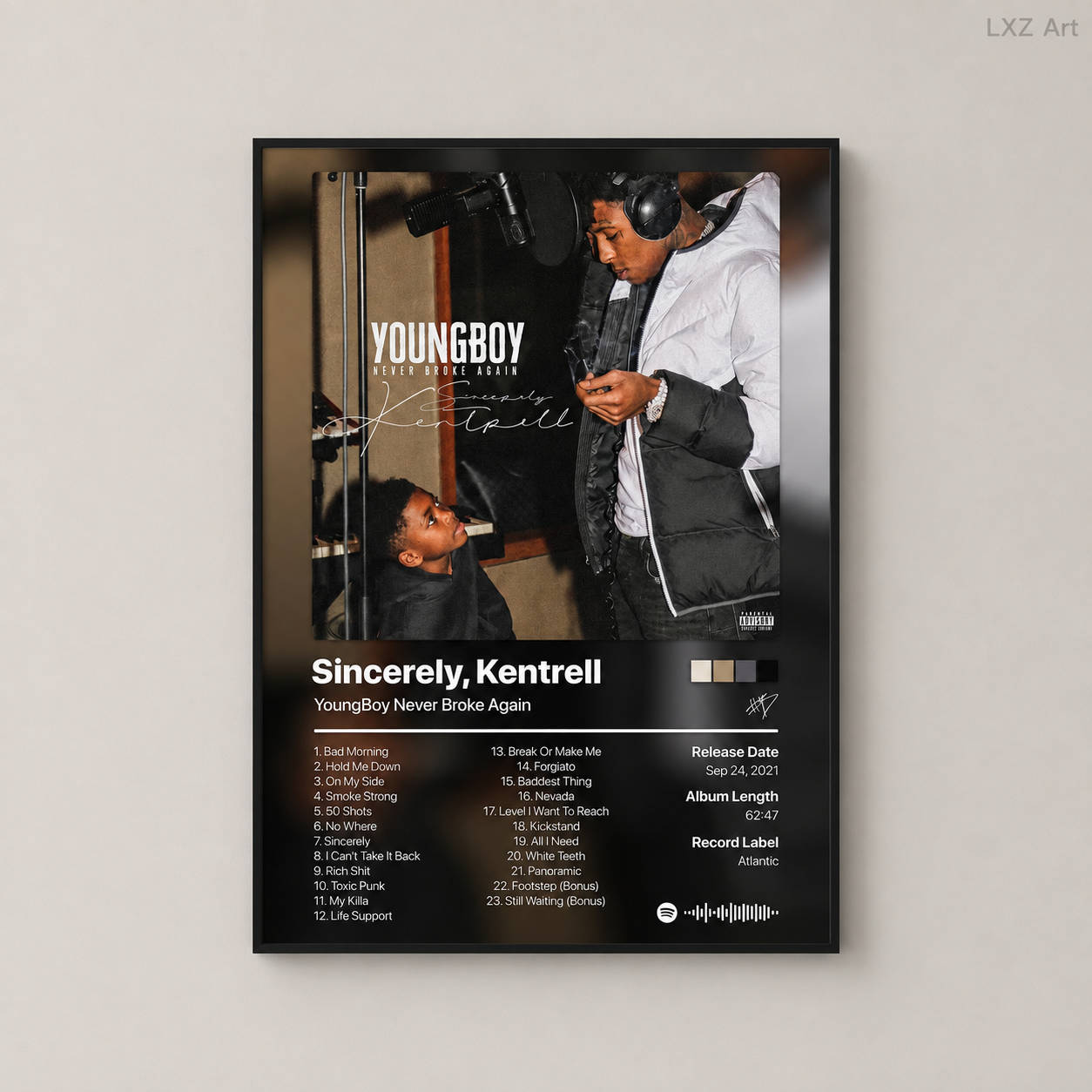 YoungBoy Never Broke Again Sincerely Kentrell Tracklist Poster | Unframed Bedroom Wall Art