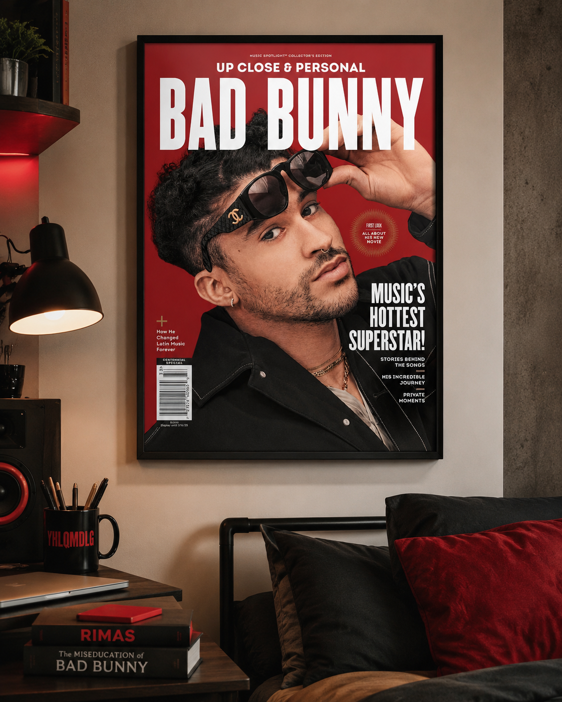 Плакат «Красный портрет Bad Bunny» | Настенный постер для спальни без рамы