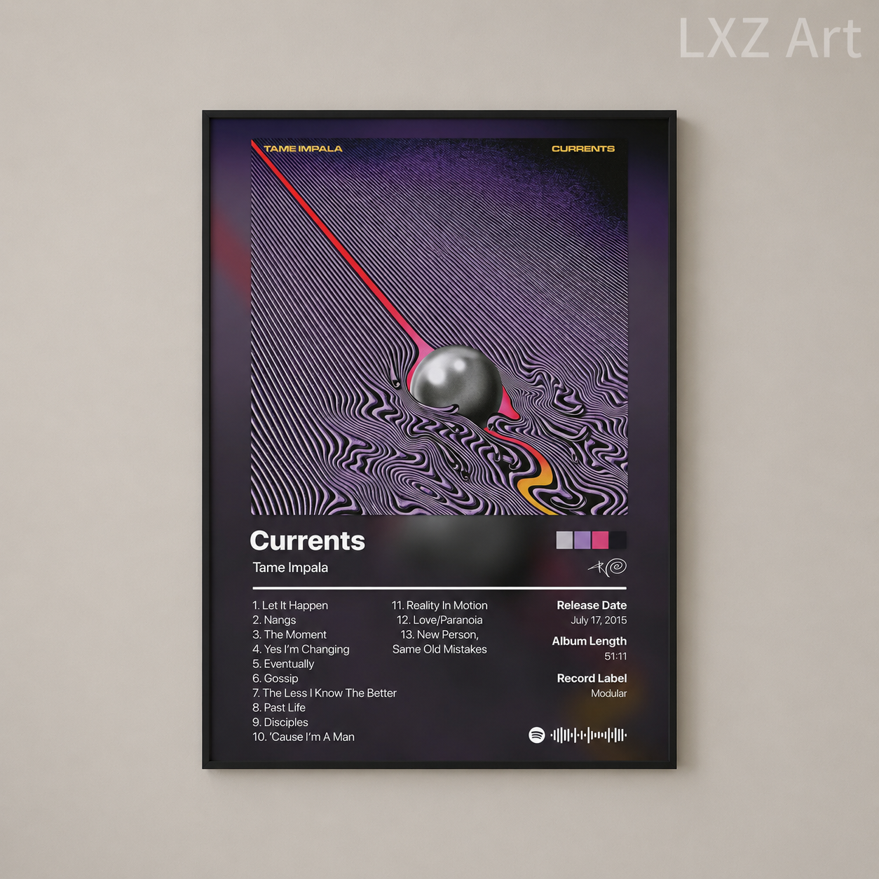 Tame Impala Currents Tracklist Poster | Unframed Bedroom Wall Art