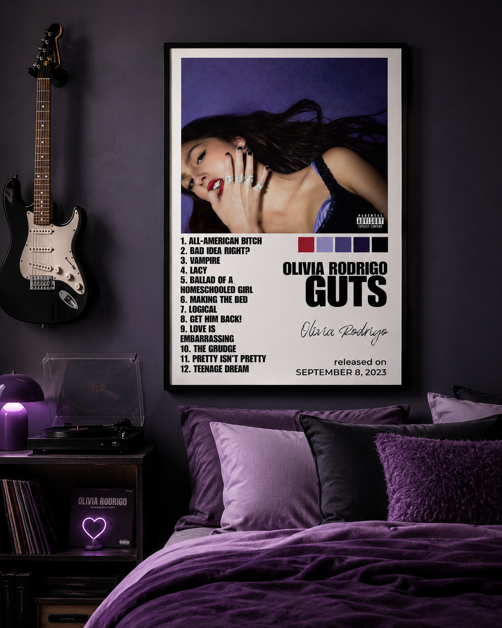 Olivia Rodrigo GUTS Tracklist  | Unframed Bedroom Wall Art album cover poster print wall art decor