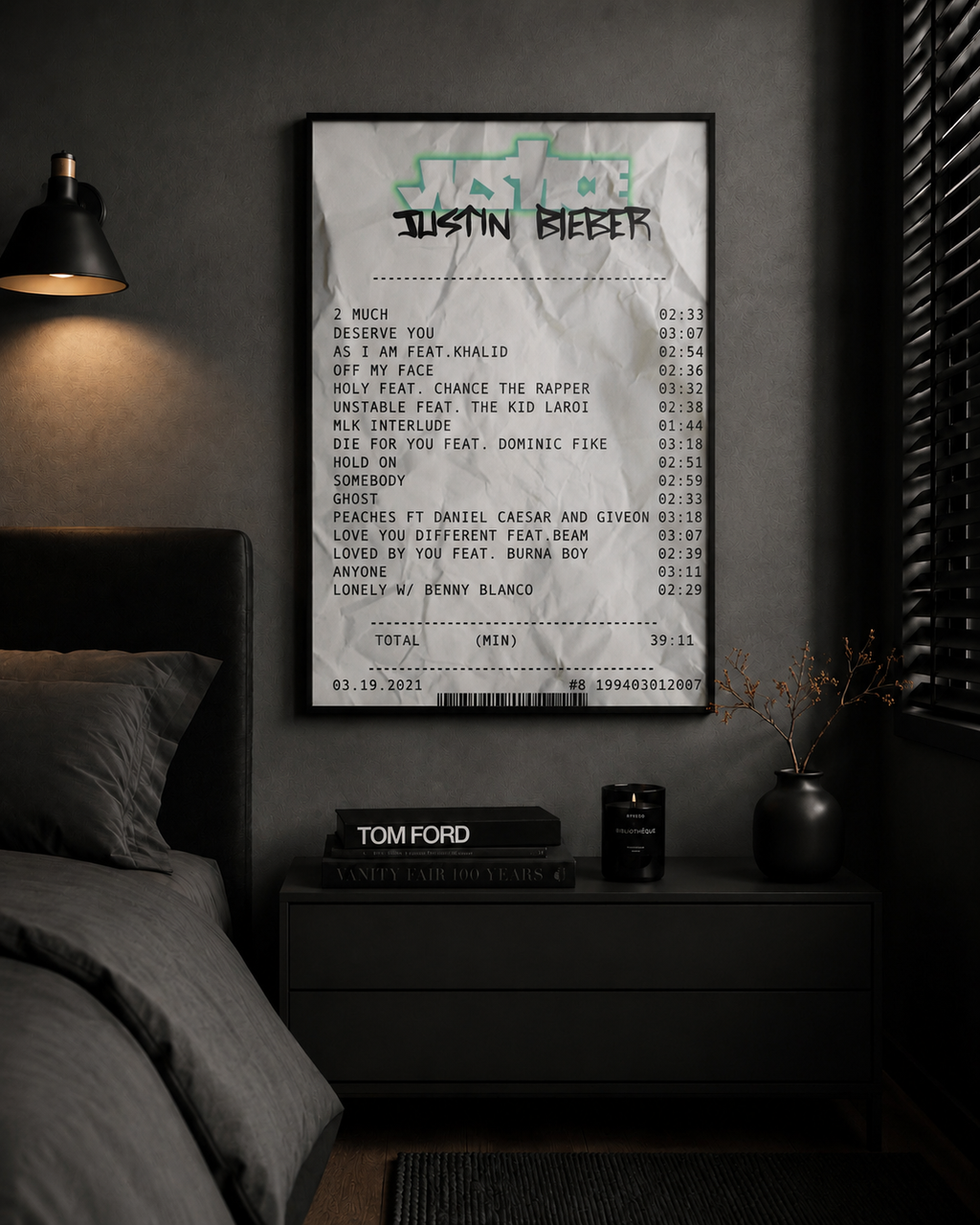 Justin Bieber Justice Receipt Style  | Waterproof Non-Woven Fabric Wall Art Print album cover poster print wall art decor