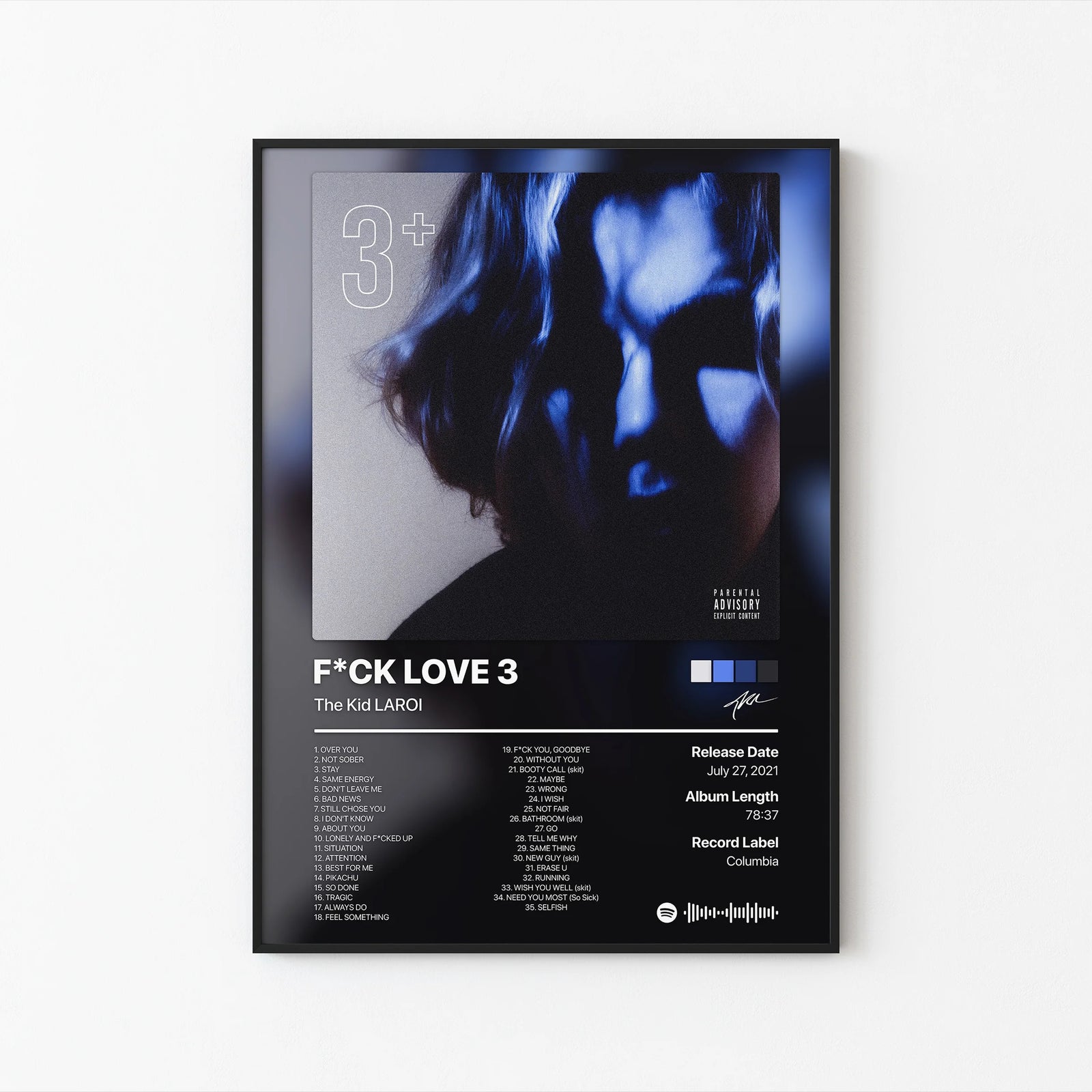 The Kid LAROI F*CK LOVE 3 Tracklist | Unframed Bedroom album cover poster print wall art decor