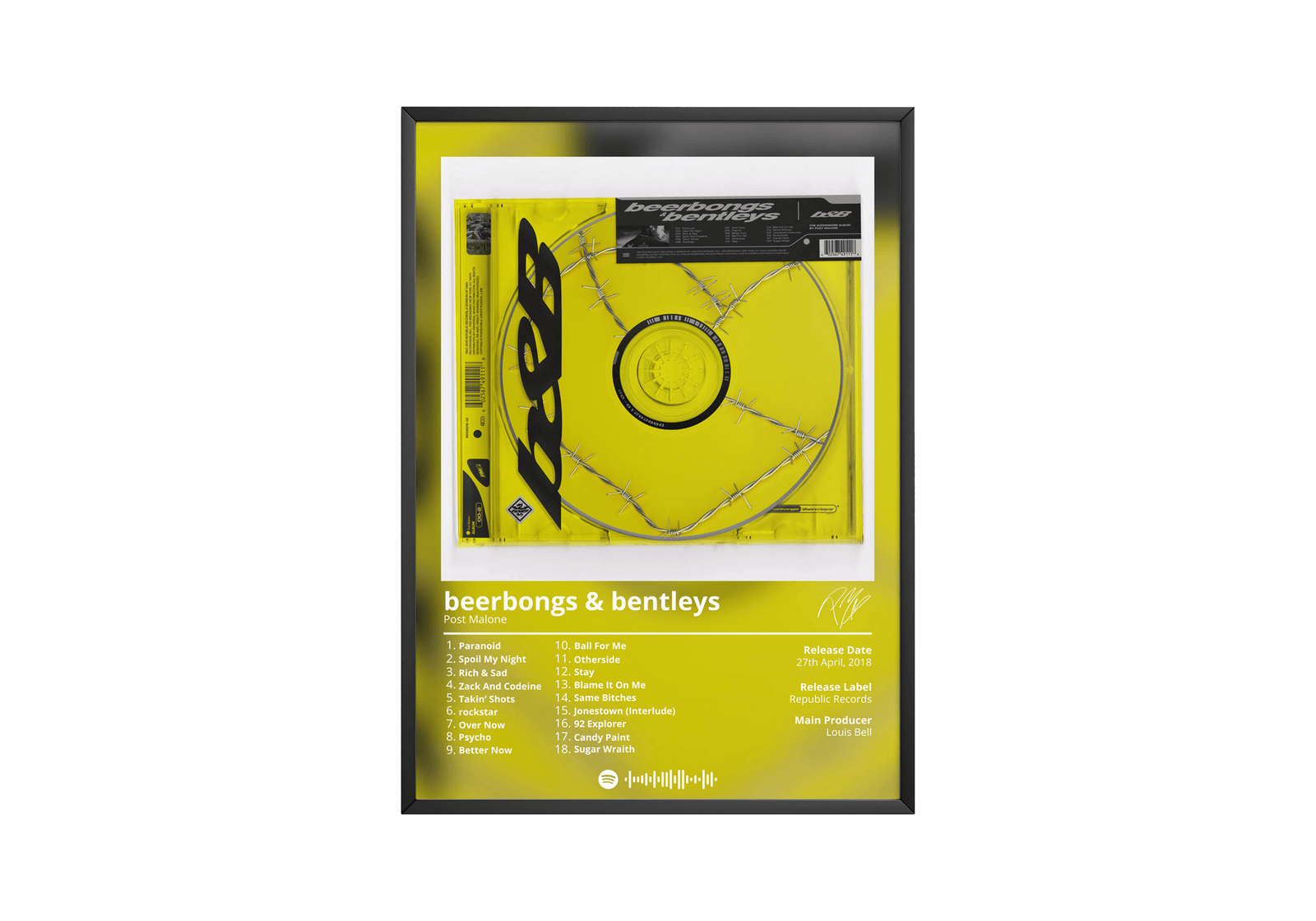 Post Malone Beerbongs & Bentleys album cover poster print wall art decor