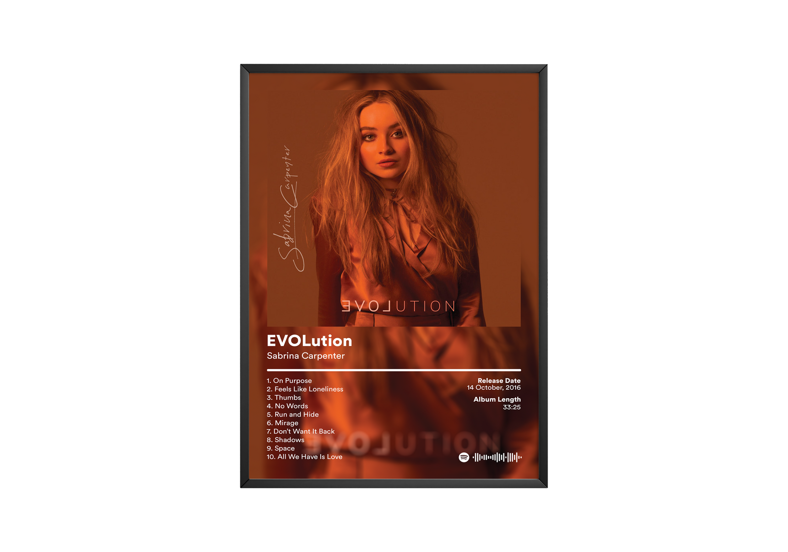 Sabrina Carpenter EVOLution Album Tracklist | Unframed Pop album cover poster print wall art decor