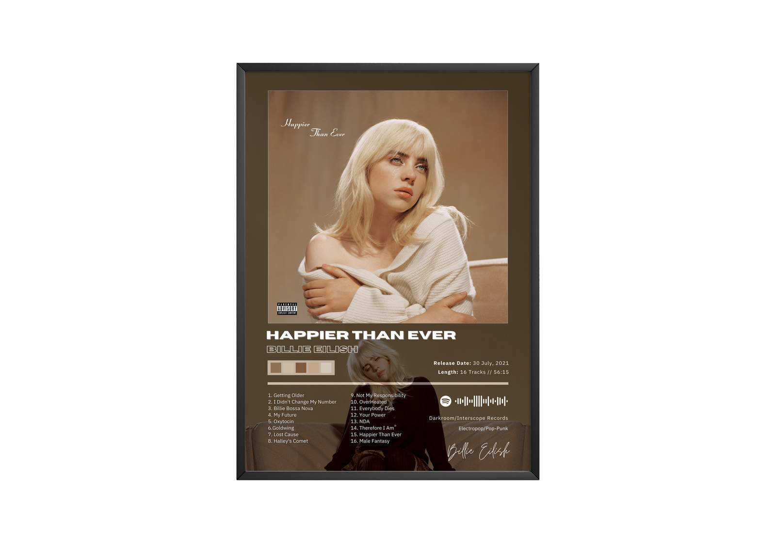 Billie Eilish Happier Than Ever Tracklist  | Unframed Bedroom album cover poster print wall art decor