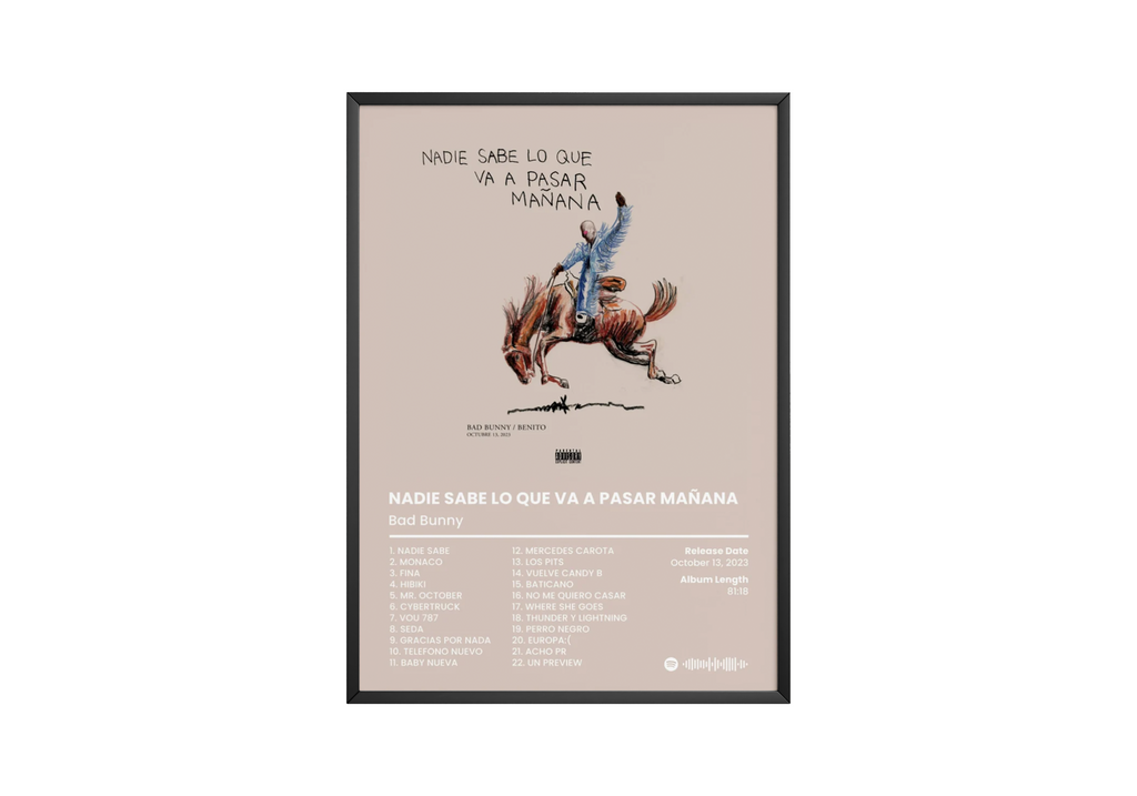 Bad Bunny Nadie Sabe Lo Que Va A Pasar Mañana  Tracklist  | Unframed Latin Trap Wall Art album cover poster print wall art decor