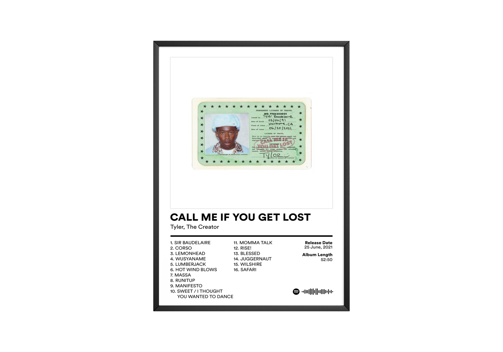 Tyler, The Creator Tyler The Creator CALL ME IF YOU GET LOST Tracklist  | Unframed Bedroom album cover poster print wall art decor