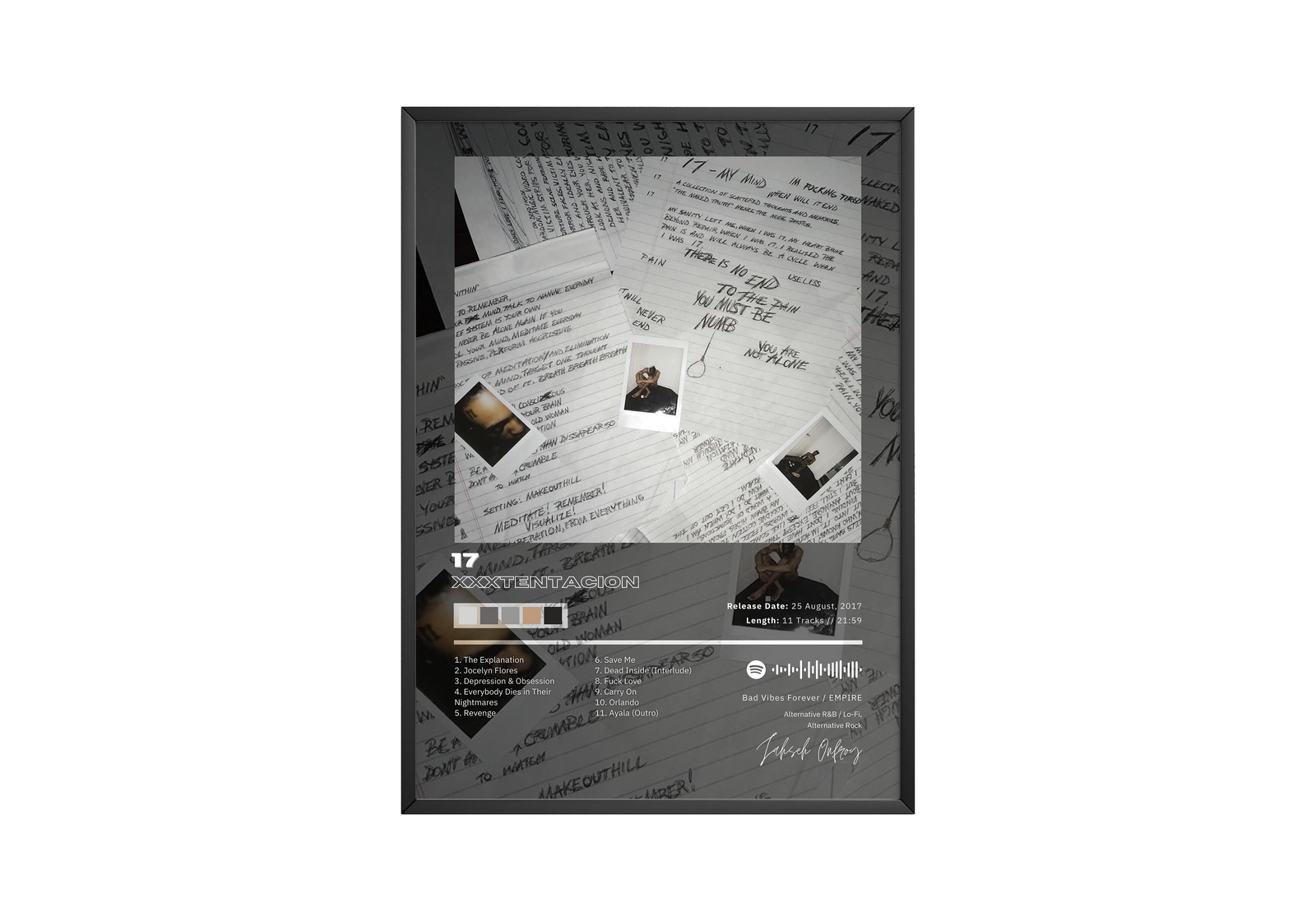 XXXTentacion XXXTENTACION 17 Tracklist  | Unframed Bedroom album cover poster print wall art decor