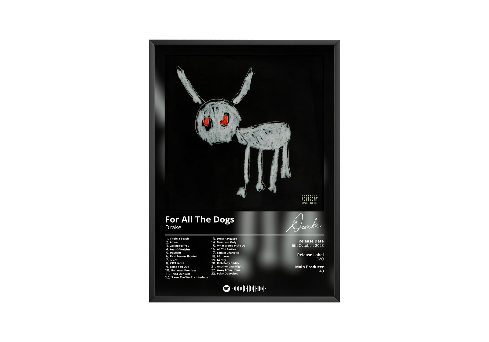 Drake For All The Dogs Tracklist  | Unframed Bedroom album cover poster print wall art decor