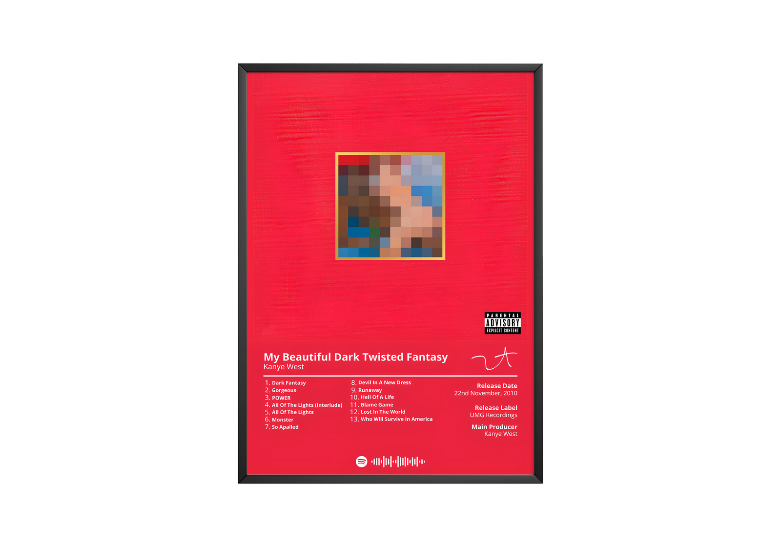 Kanye West My Beautiful Dark Twisted Fantasy  Tracklist  | Unframed Hip Hop album cover poster print wall art decor
