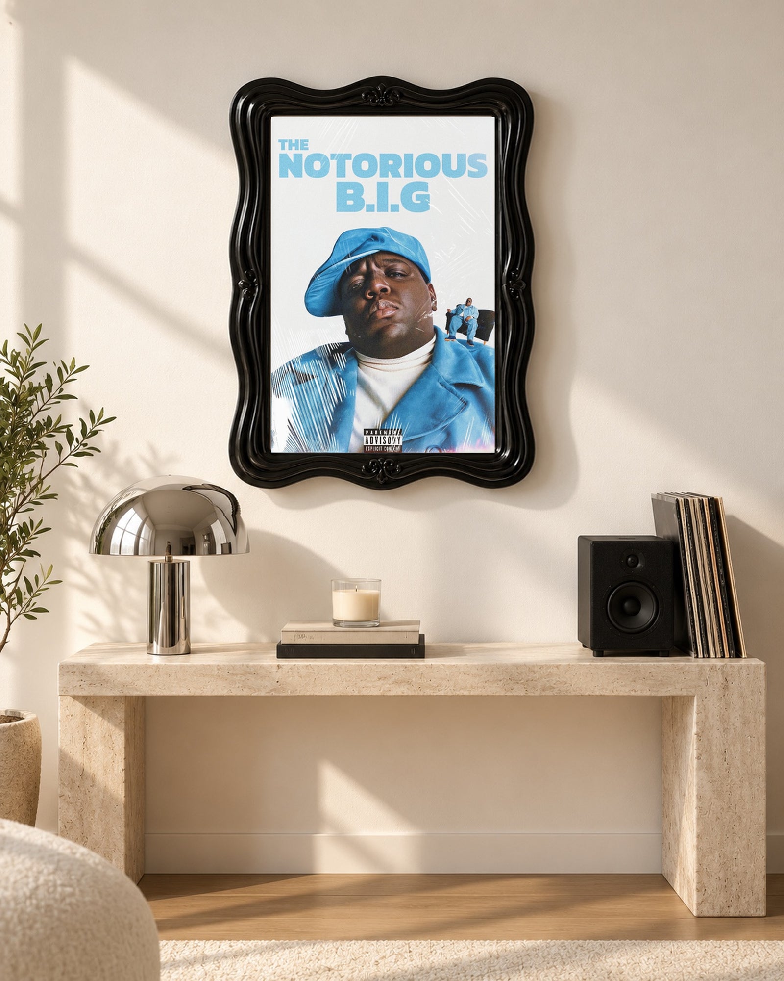 The Notorious B.I.G. Blue Portrait Collage Poster, console scene. Frame not included.
