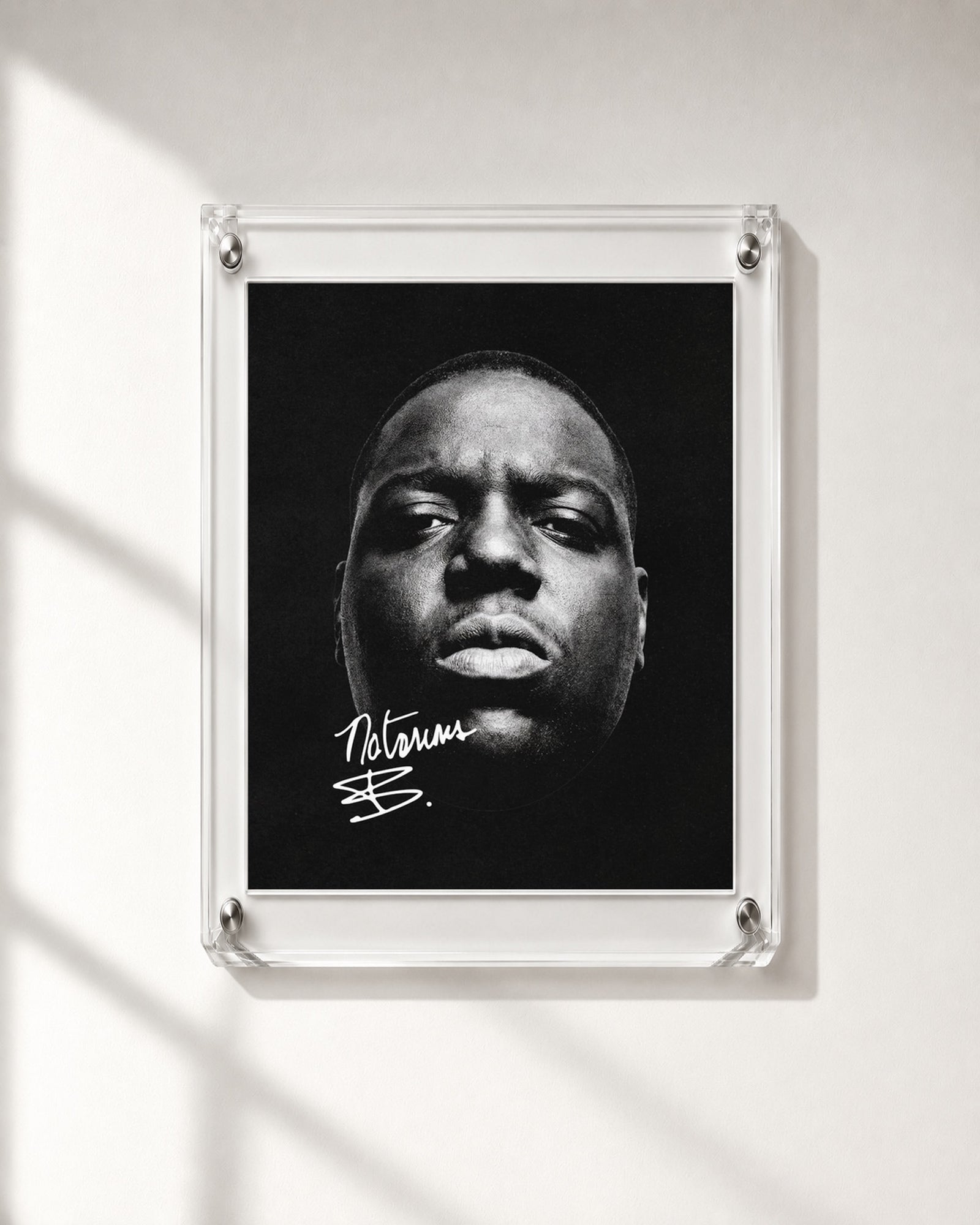 The Notorious B.I.G. Black and White Close-Up Portrait Poster, close-up. Frame not included.