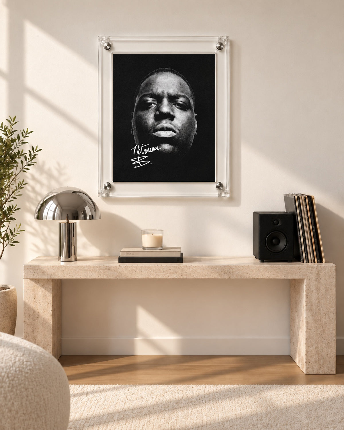 The Notorious B.I.G. Black and White Close-Up Portrait Poster, console scene. Frame not included.