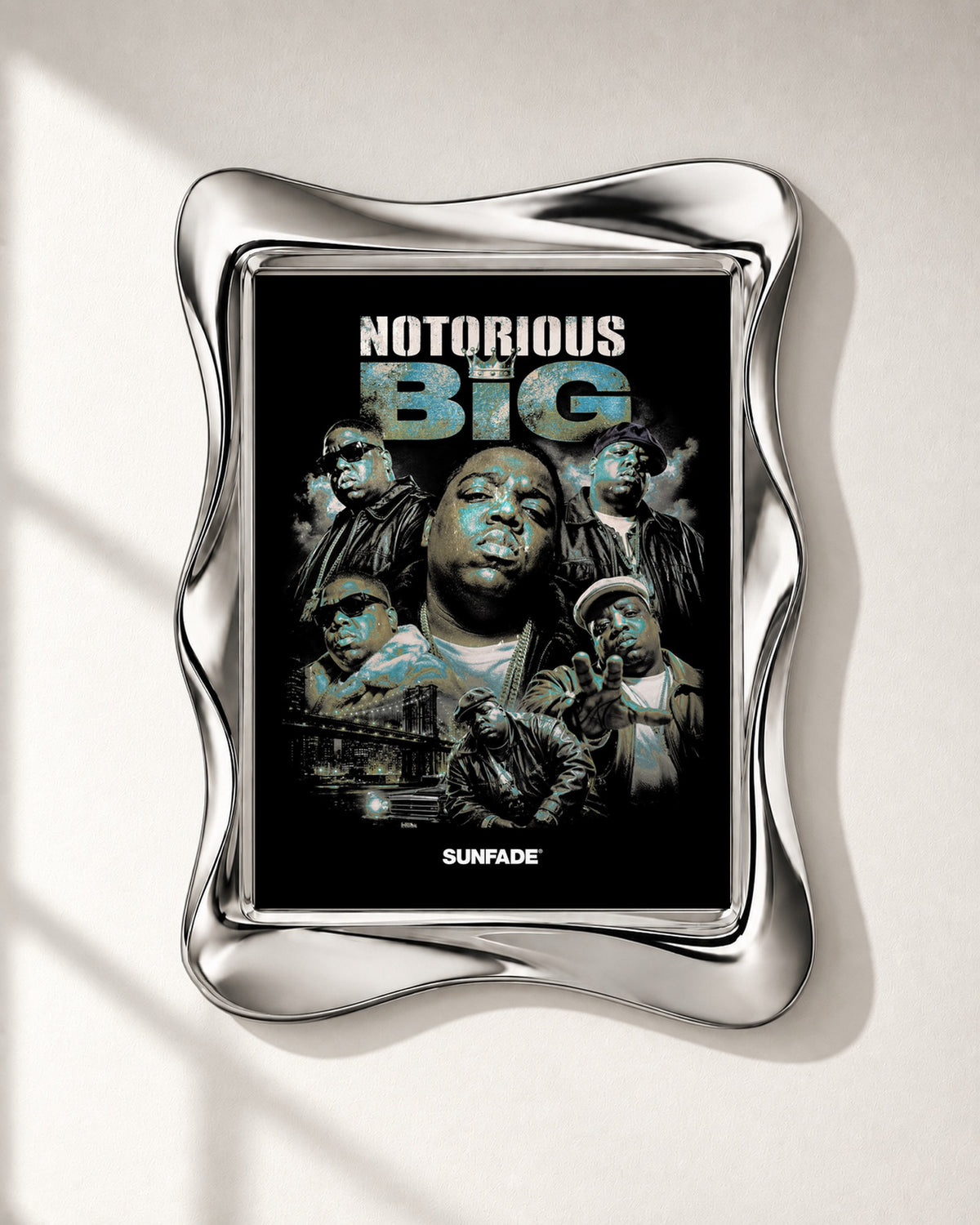 The Notorious B.I.G. Teal Portrait Collage Poster, close-up. Frame not included.