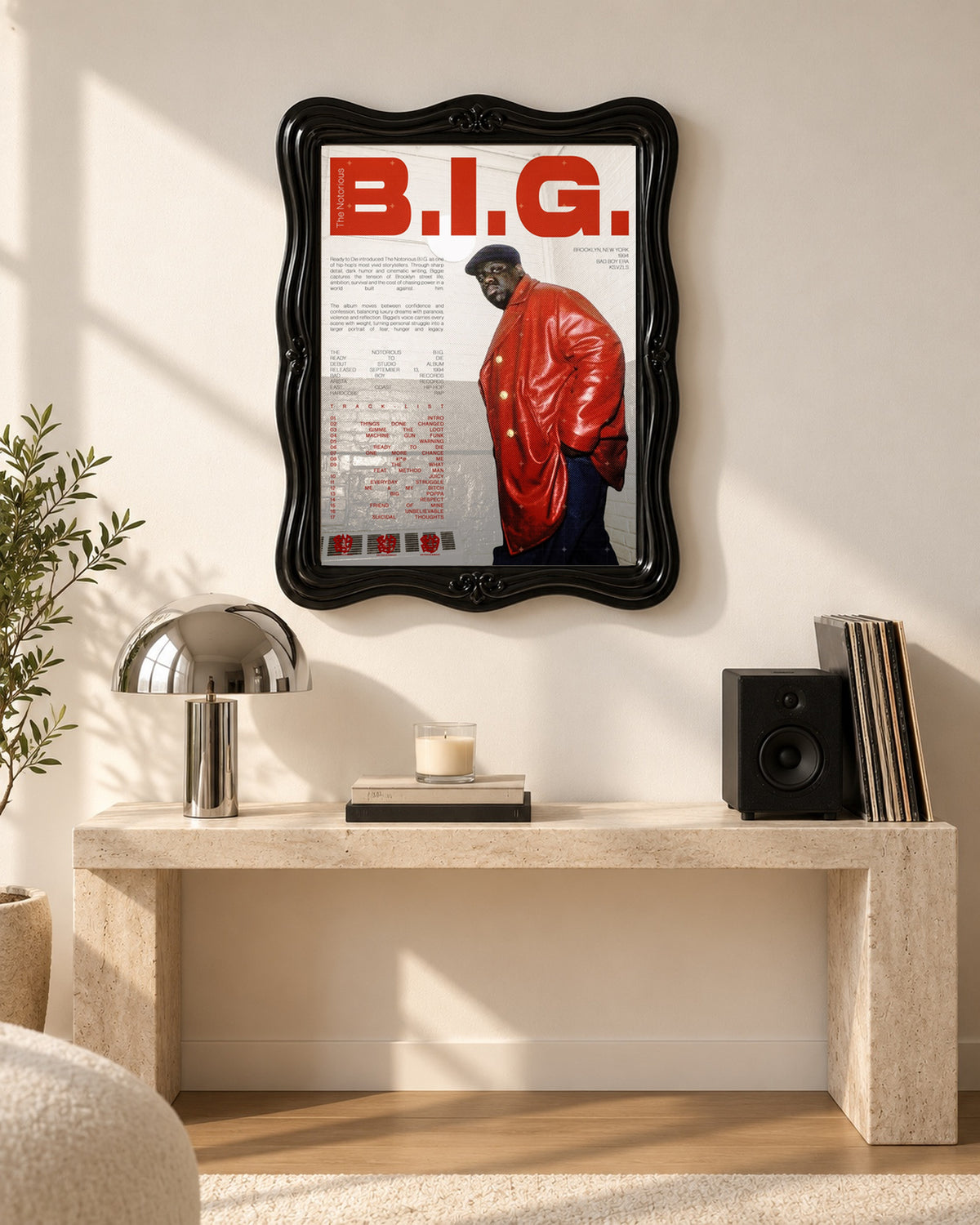 The Notorious B.I.G. Ready to Die Red Jacket Tracklist Poster, console scene. Frame not included.