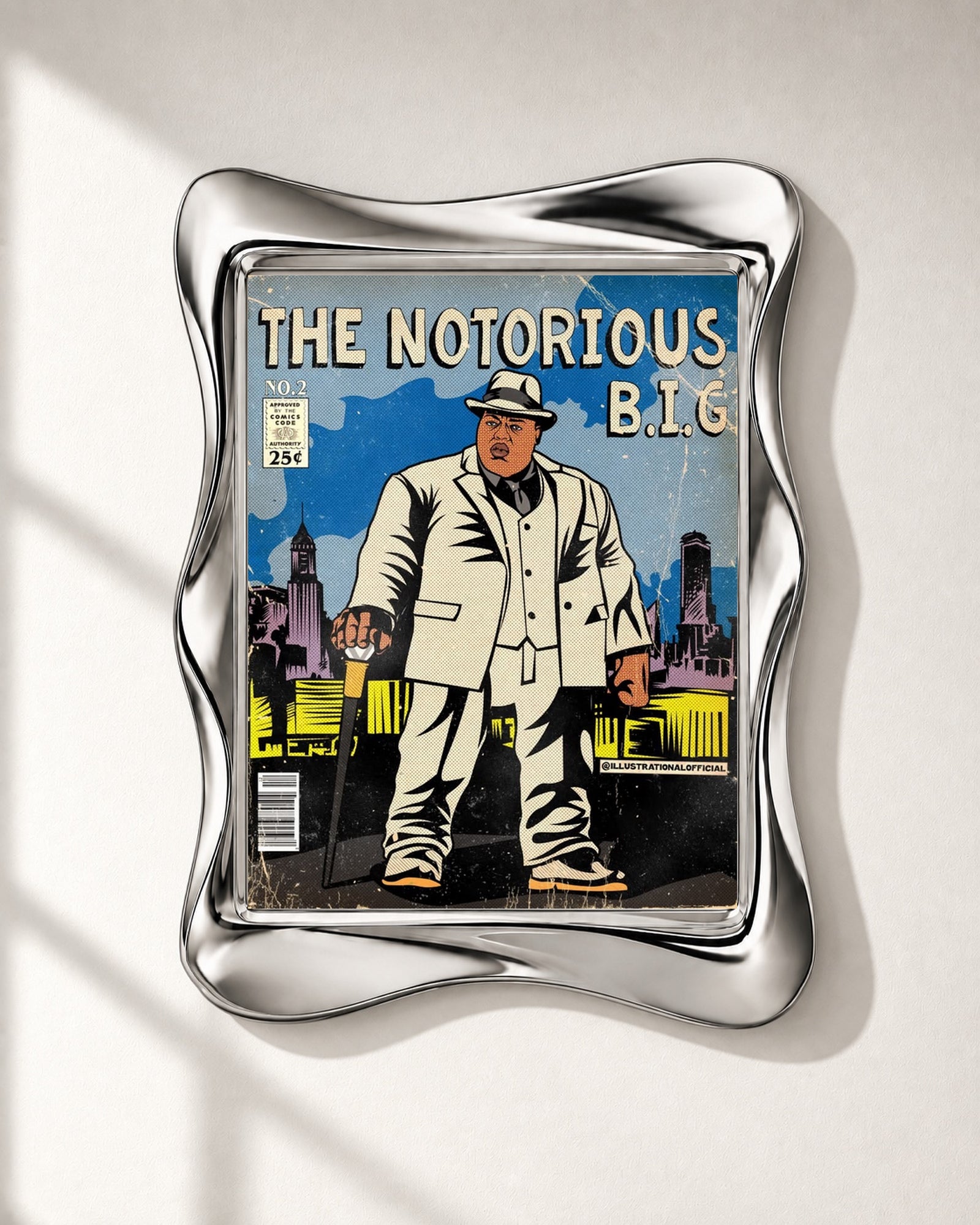 The Notorious B.I.G. White Suit Comic Style Poster, close-up. Frame not included.