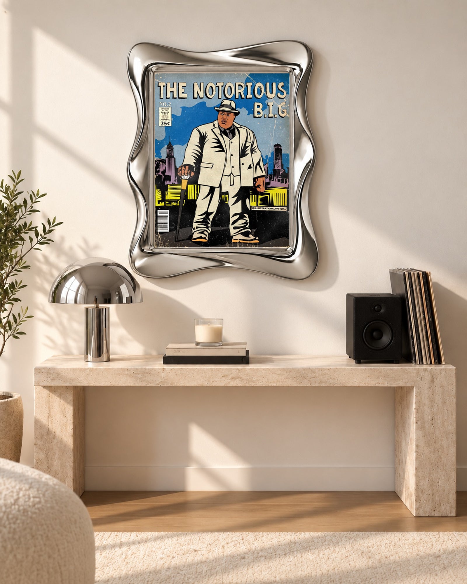 The Notorious B.I.G. White Suit Comic Style Poster, console scene. Frame not included.