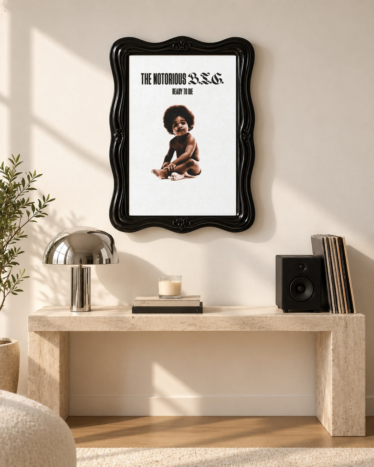 The Notorious B.I.G. Ready to Die White Background Poster, console scene. Frame not included.
