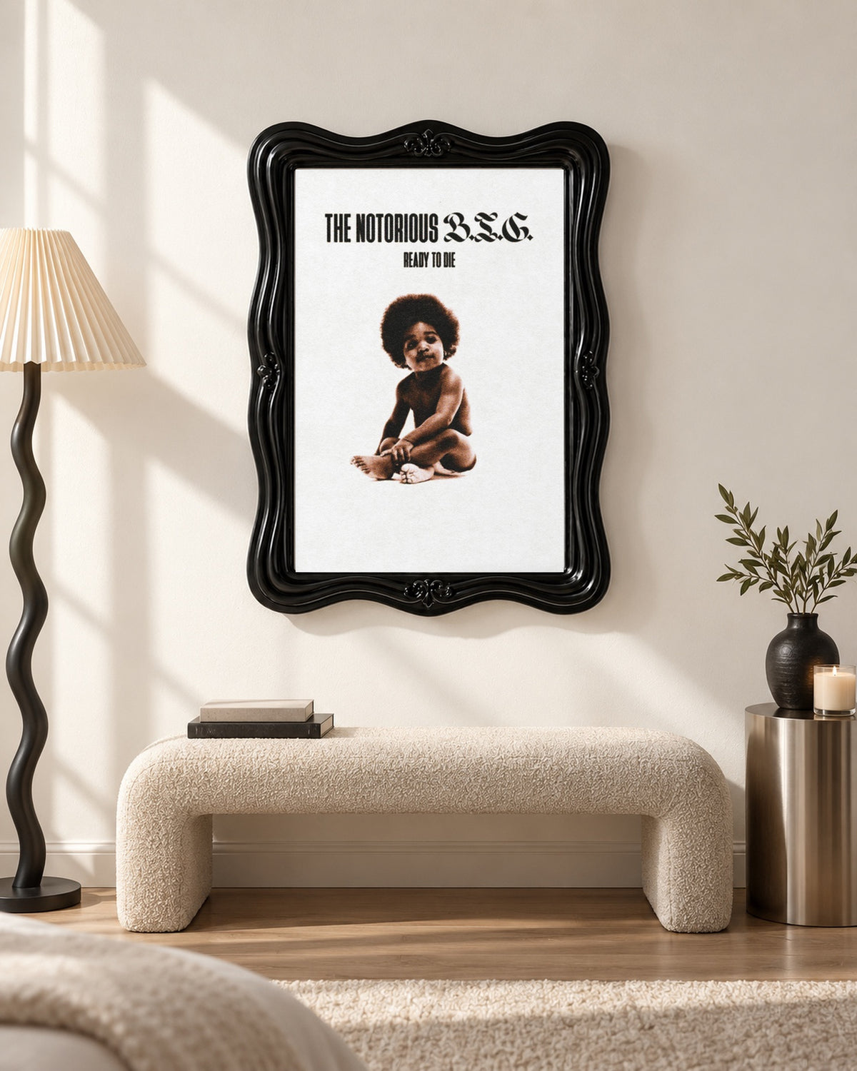 The Notorious B.I.G. Ready to Die White Background Poster, bench scene. Frame not included.