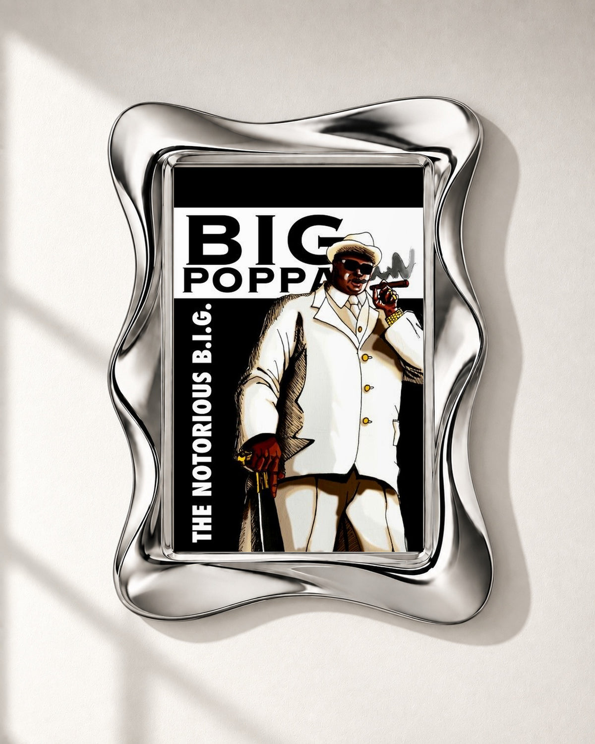 The Notorious B.I.G. Big Poppa White Suit Illustration Poster, close-up. Frame not included.