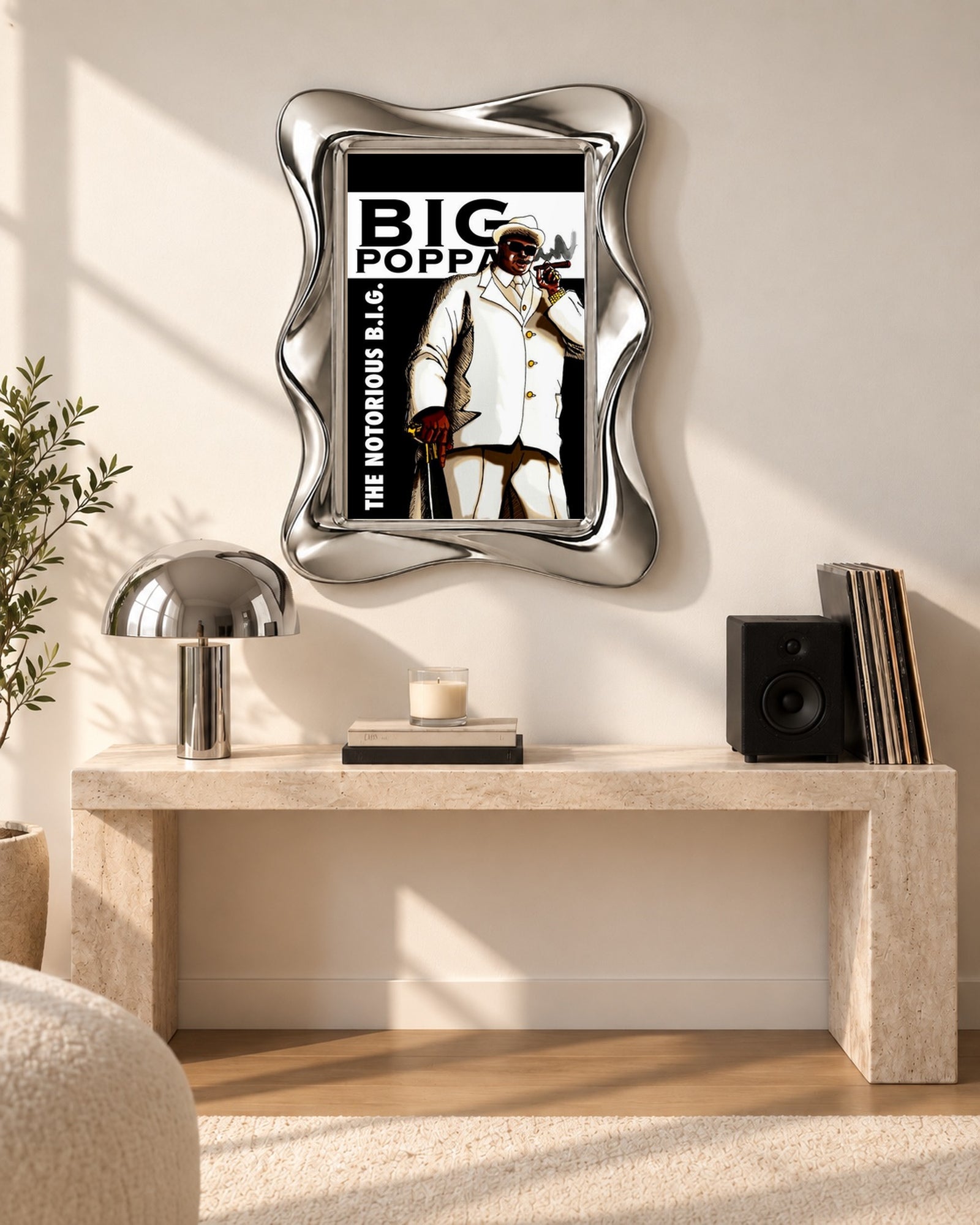 The Notorious B.I.G. Big Poppa White Suit Illustration Poster, console scene. Frame not included.